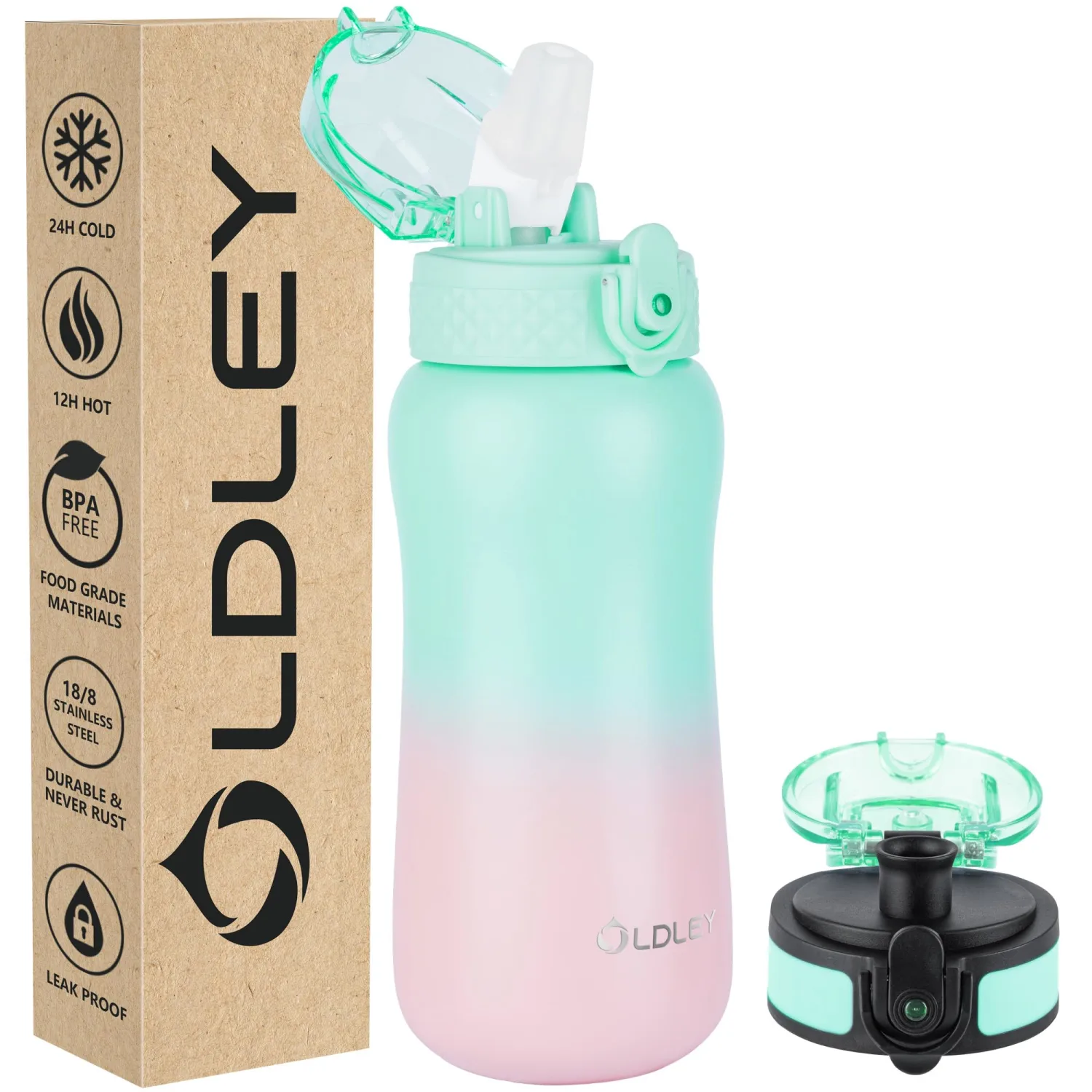 OLDLEY Insulated Kids' Water Bottle, 12oz - Stainless Steel, Leak-Proof, Double Wall Vacuum, Green-Pink