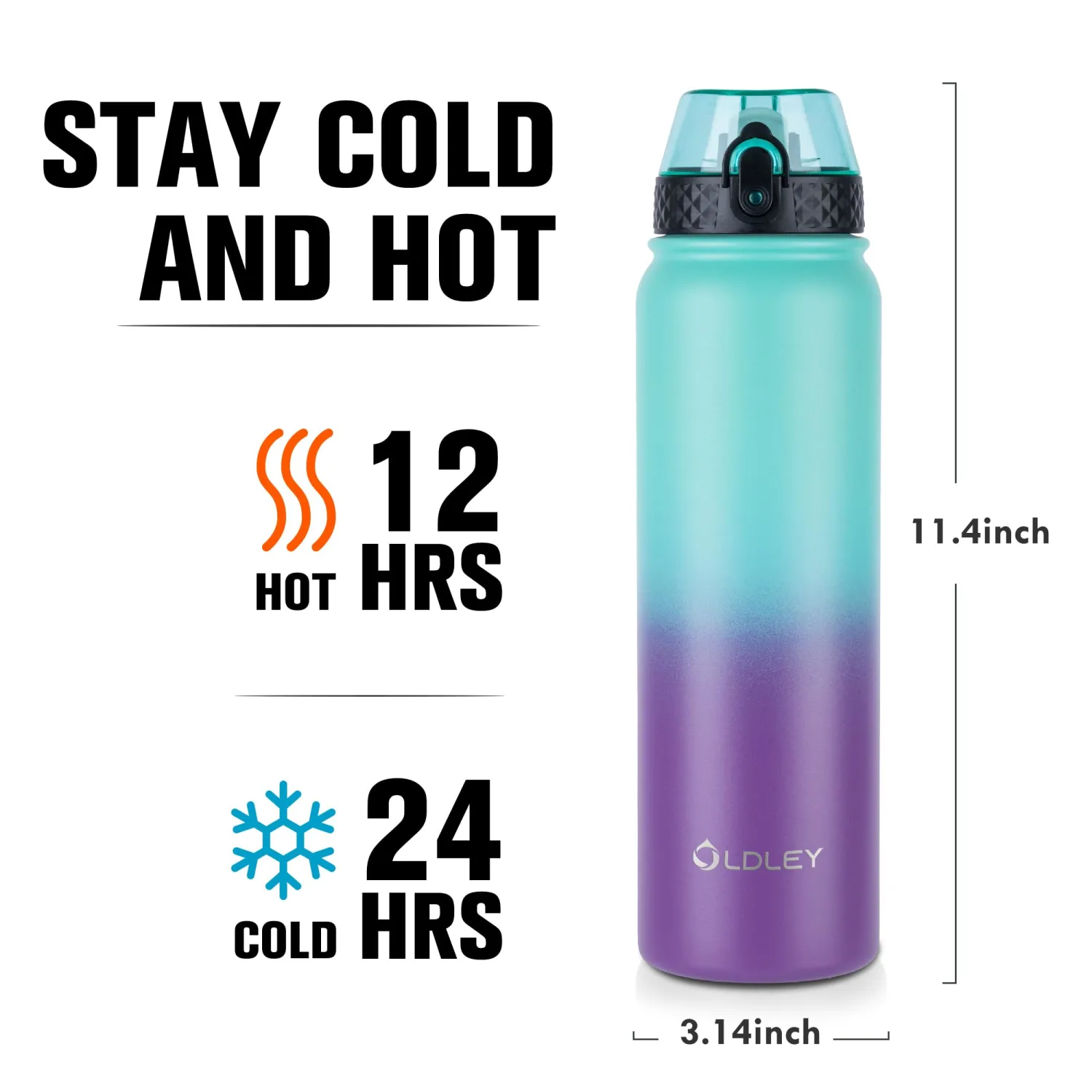 Oldley Insulated 32 oz Stainless Steel Water Bottle with Straw Lid & Chug Lid, Double Wall Vacuum Wide Mouth Sweat/Leak-Proof for Sports, Gym, Travel, Camping (Green-Purple)