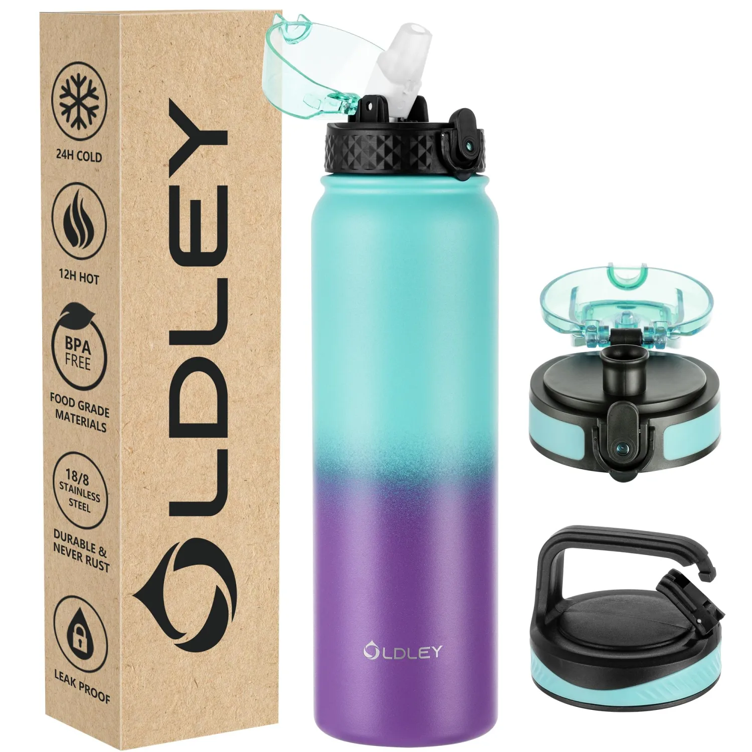 Oldley Insulated 32 oz Stainless Steel Water Bottle with Straw Lid & Chug Lid, Double Wall Vacuum Wide Mouth Sweat/Leak-Proof for Sports, Gym, Travel, Camping (Green-Purple)
