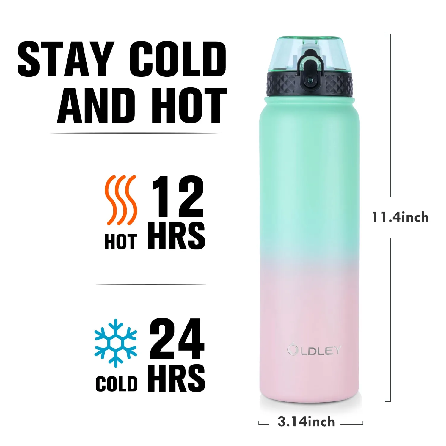 Oldley Insulated Water Bottle 32oz Water Bottles with Straw, Stainless Steel Water Bottle with 3 Lids, Double Wall Vacuum Bottles for Adults, Leak-proof Sports Bottles for School Travel,Green-Pink