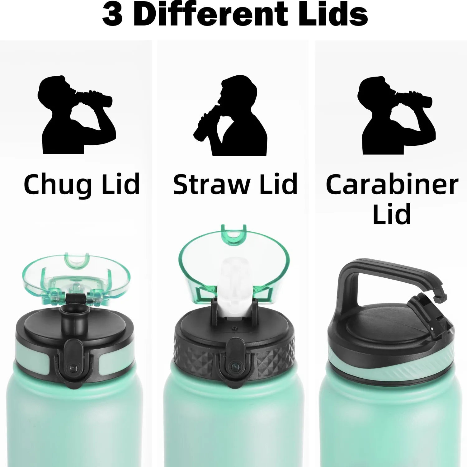 Oldley Insulated Water Bottle 32oz Water Bottles with Straw, Stainless Steel Water Bottle with 3 Lids, Double Wall Vacuum Bottles for Adults, Leak-proof Sports Bottles for School Travel,Green-Pink