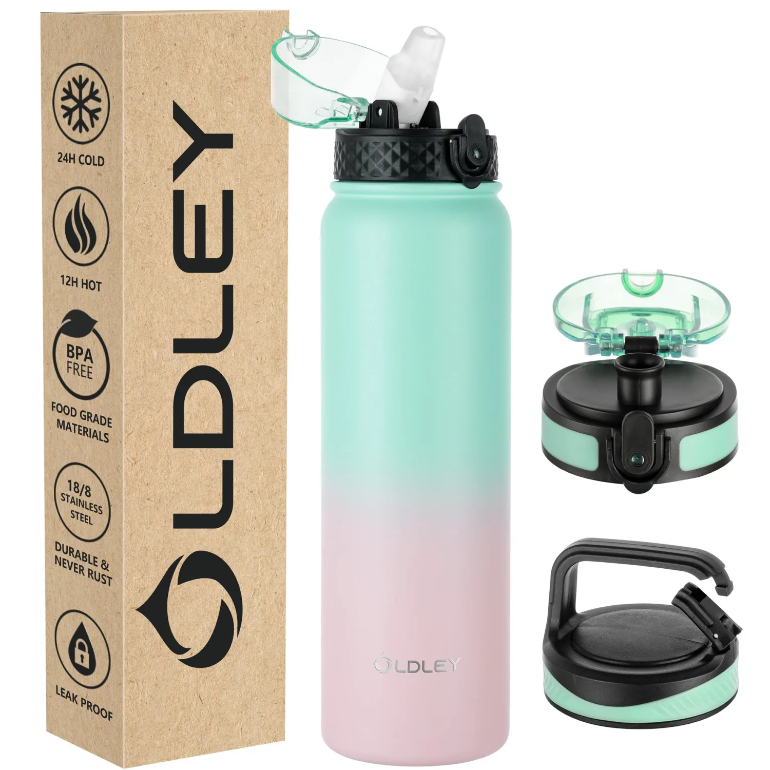 Oldley Insulated Water Bottle 32oz Water Bottles with Straw, Stainless Steel Water Bottle with 3 Lids, Double Wall Vacuum Bottles for Adults, Leak-proof Sports Bottles for School Travel,Green-Pink