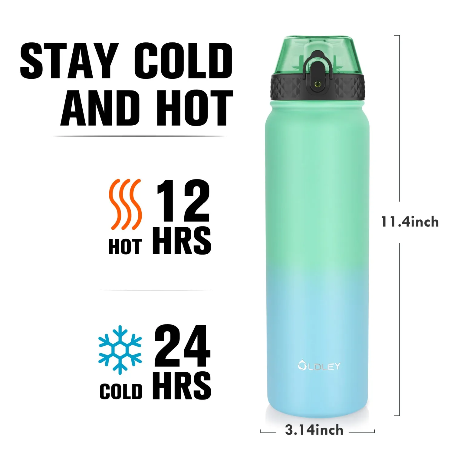 Oldley Insulated Water Bottle 32oz Water Bottles with Straw, Stainless Steel Water Bottle with 3 Lids, Double Wall Vacuum Bottels for Adults School Kids,Leak-Proof Sport Bottles, Leaf Green -Blue