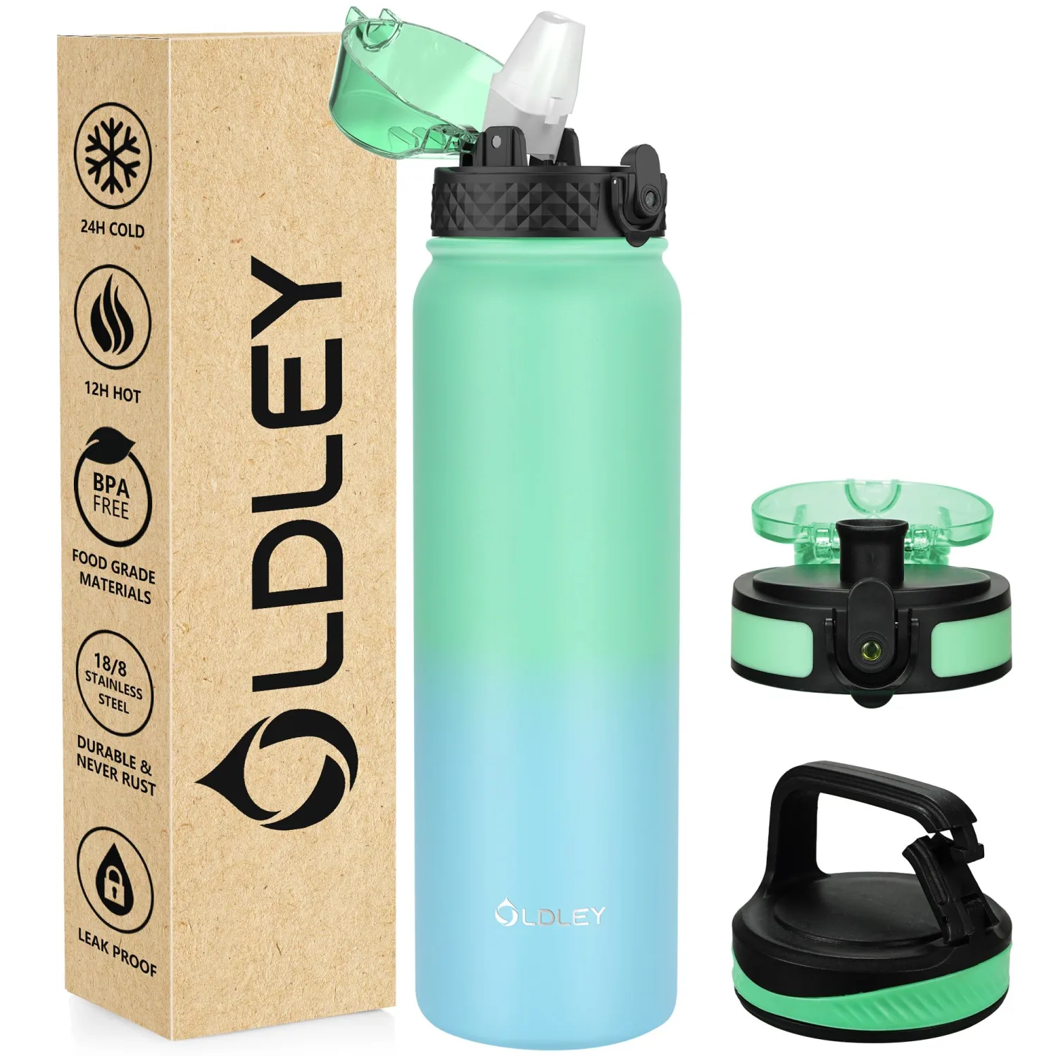 Oldley Insulated Water Bottle 32oz Water Bottles with Straw, Stainless Steel Water Bottle with 3 Lids, Double Wall Vacuum Bottels for Adults School Kids,Leak-Proof Sport Bottles, Leaf Green -Blue
