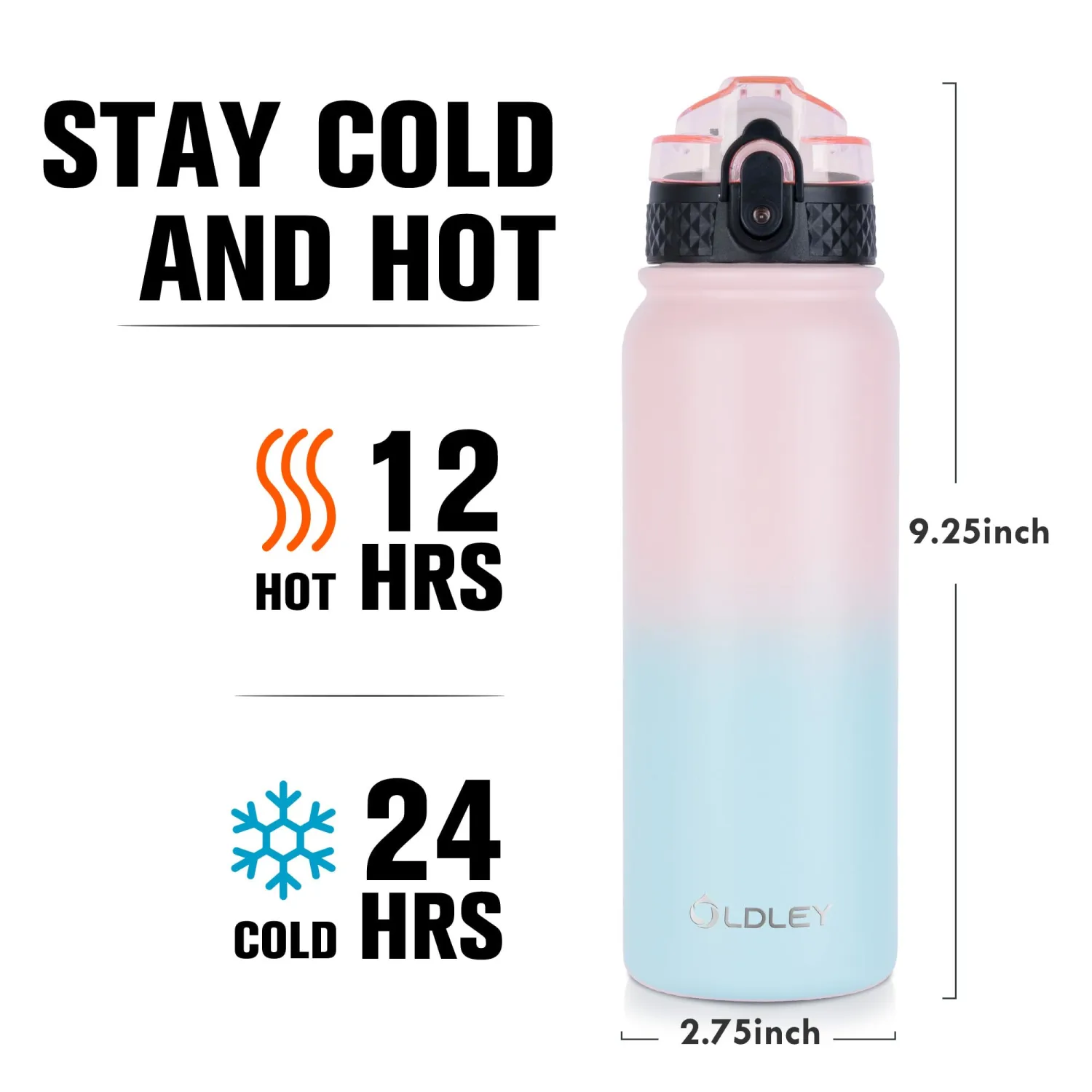 Oldley Insulated Water Bottle 20oz Water Bottles with Straw, Stainless Steel Water Bottle with 3 Lids, Double Wall Vacuum Bottles for Adult Kids, Sports Bottles for School Travel, Light Pink-Blue