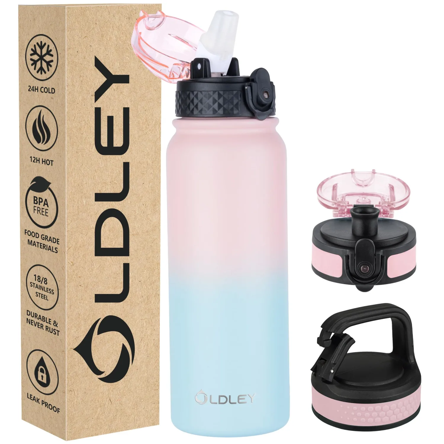 Oldley Insulated Water Bottle 20oz Water Bottles with Straw, Stainless Steel Water Bottle with 3 Lids, Double Wall Vacuum Bottles for Adult Kids, Sports Bottles for School Travel, Light Pink-Blue