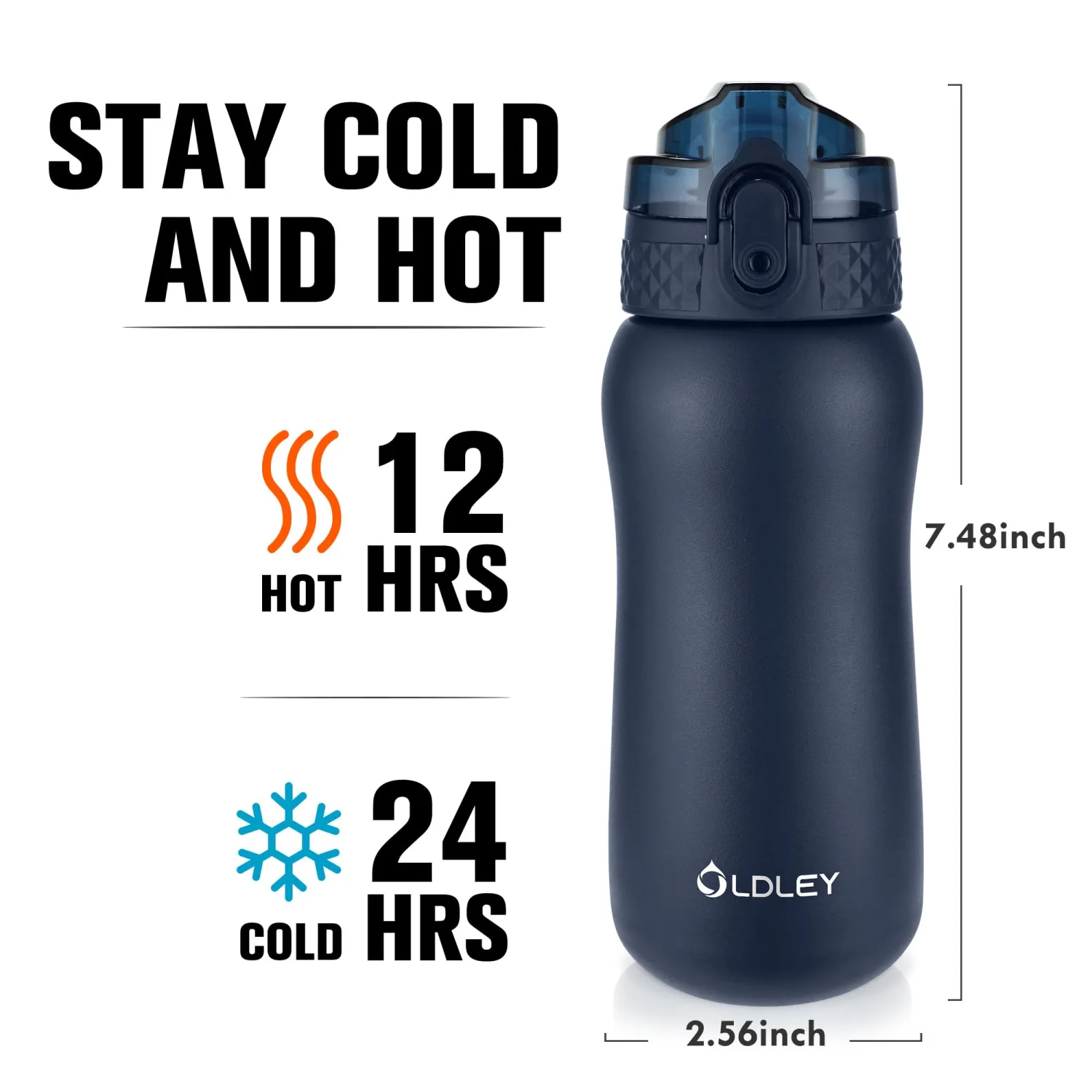 Oldley Insulated Water Bottle 12oz Water Bottles with Straw, Stainless Steel Water Bottle with 2 Lids, Double Wall Vacuum Bottels for Adults Kids,Leak-Proof Sport Bottles for School Travel, Navy Blue