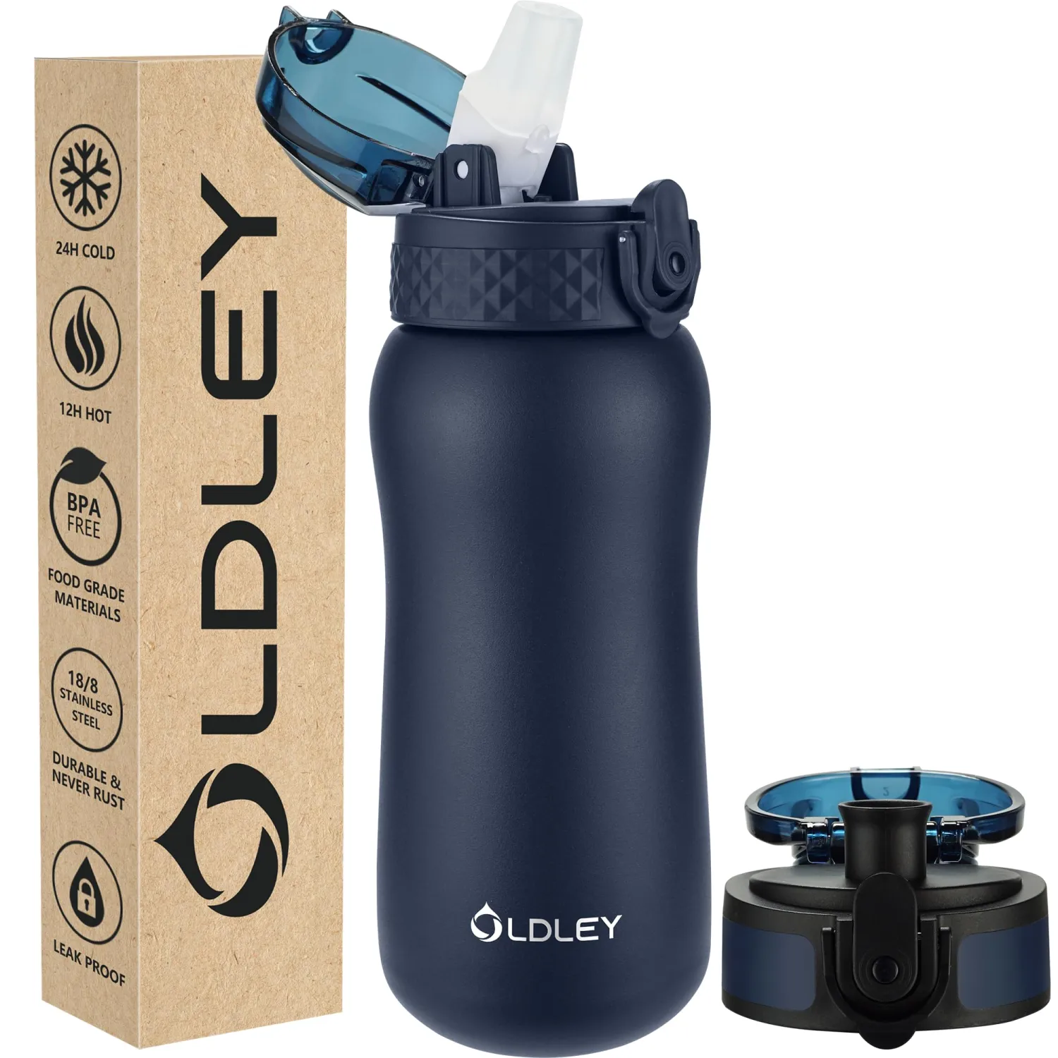 Oldley Insulated Water Bottle 12oz Water Bottles with Straw, Stainless Steel Water Bottle with 2 Lids, Double Wall Vacuum Bottels for Adults Kids,Leak-Proof Sport Bottles for School Travel, Navy Blue