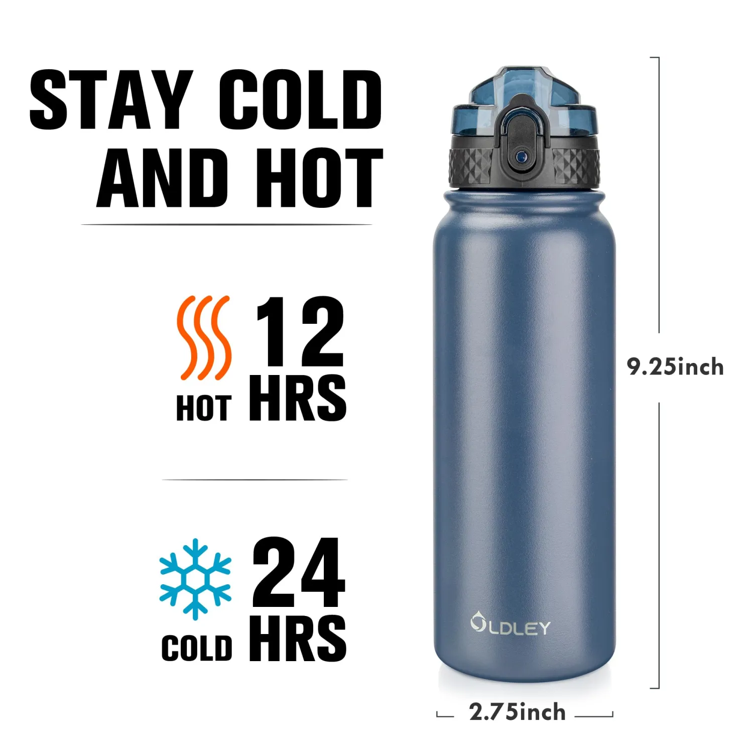 Oldley Insulated Water Bottle 20oz Water Bottles with Straw, Stainless Steel Water Bottle with 3 Lids, Double Wall Vacuum Bottels for Adults Kids,Leak-Proof Sport Bottles for School Travel, Navy Blue