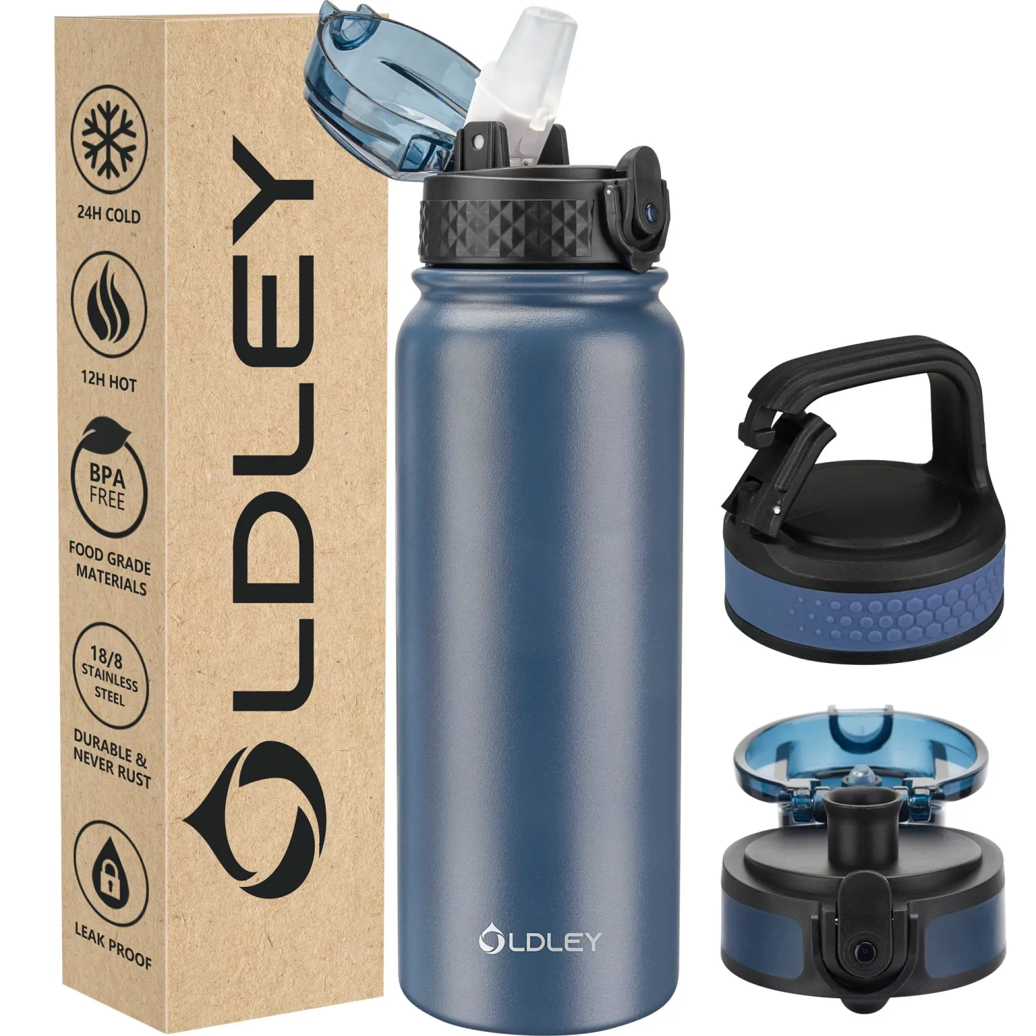 Oldley Insulated Water Bottle 20oz Water Bottles with Straw, Stainless Steel Water Bottle with 3 Lids, Double Wall Vacuum Bottels for Adults Kids,Leak-Proof Sport Bottles for School Travel, Navy Blue
