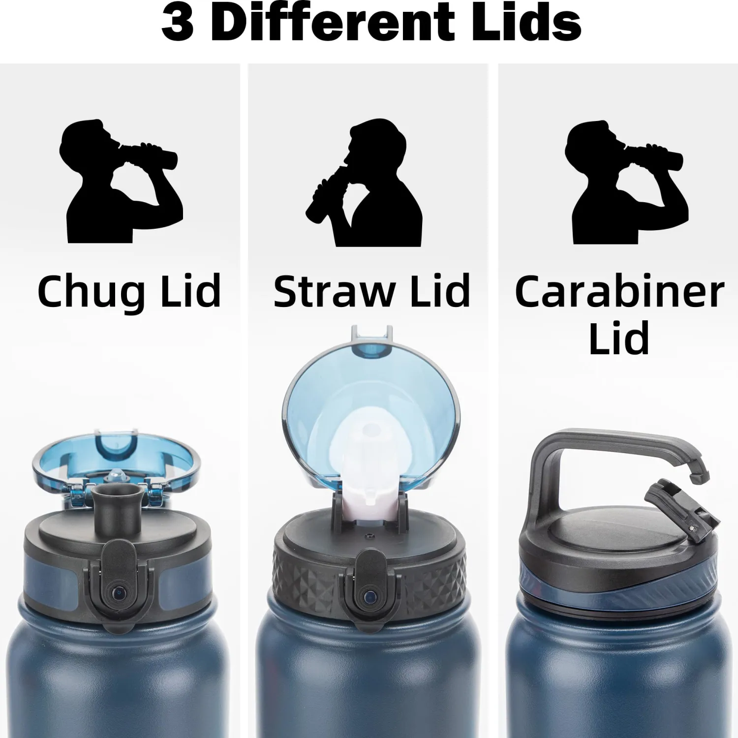 Oldley Insulated Water Bottle 32oz Water Bottles with Straw, Stainless Steel Water Bottle with 3 Lids, Double Wall Vacuum Bottels for Adults Kids,Leak-Proof Sport Bottles for School Travel, Navy Blue