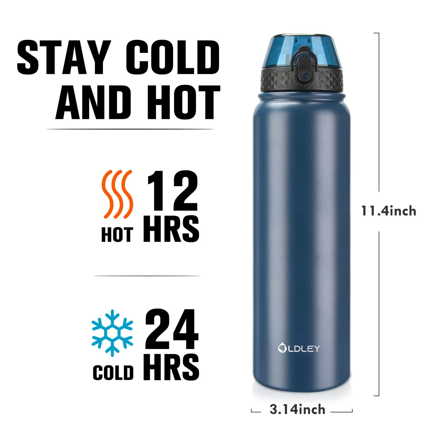 Oldley Insulated Water Bottle 32oz Water Bottles with Straw, Stainless Steel Water Bottle with 3 Lids, Double Wall Vacuum Bottels for Adults Kids,Leak-Proof Sport Bottles for School Travel, Navy Blue