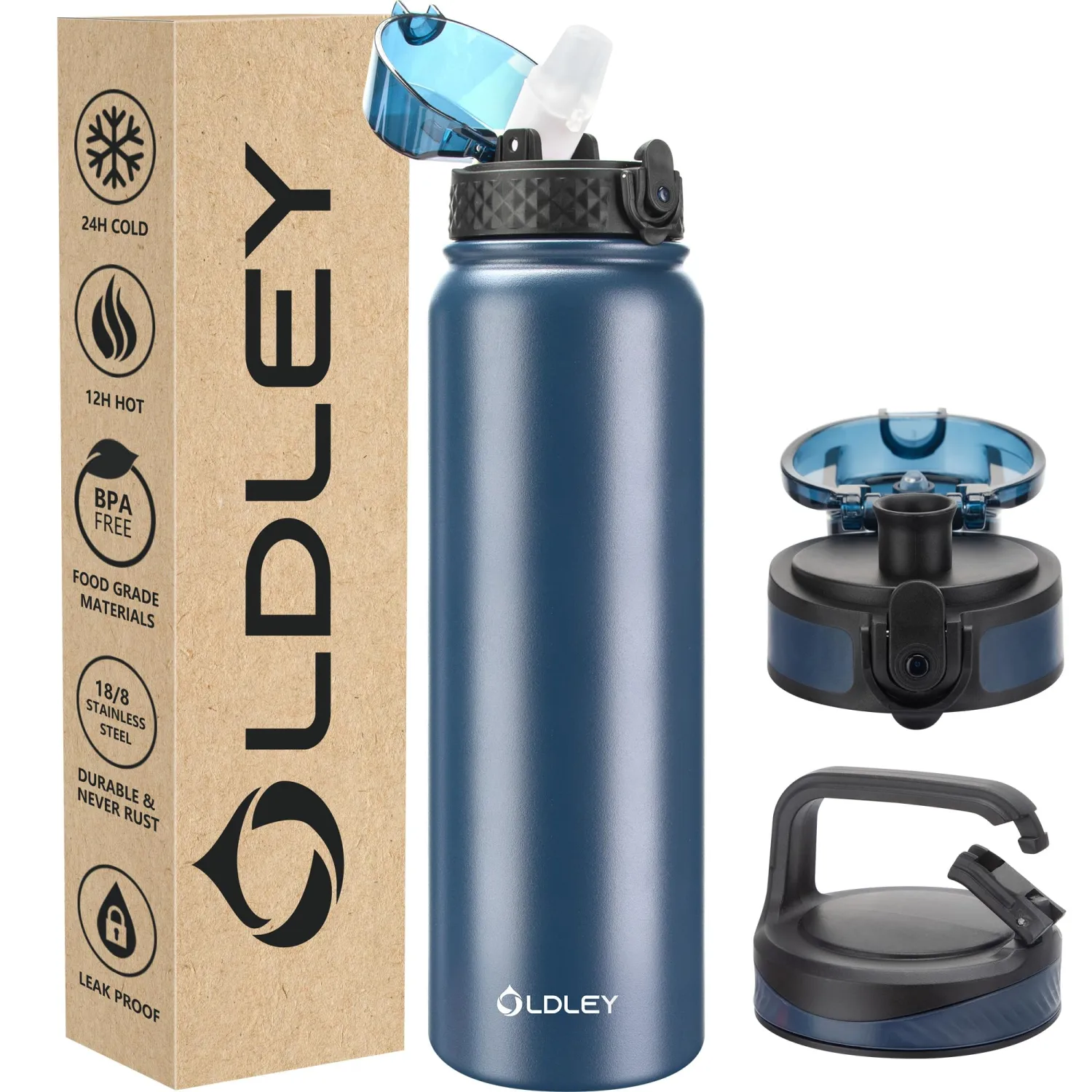 Oldley Insulated Water Bottle 32oz Water Bottles with Straw, Stainless Steel Water Bottle with 3 Lids, Double Wall Vacuum Bottels for Adults Kids,Leak-Proof Sport Bottles for School Travel, Navy Blue