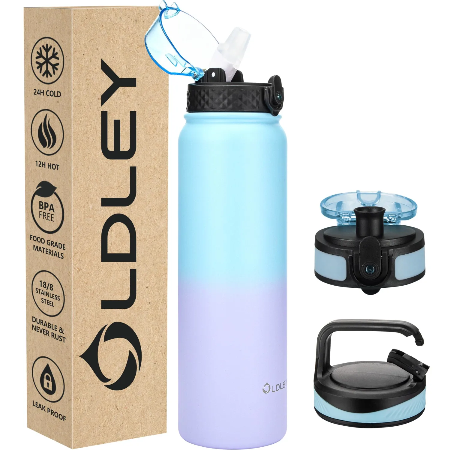 Oldley Insulated Water Bottle 32oz Water Bottles with Straw, Stainless Steel Water Bottle with 3 Lids, Double Wall Vacuum Bottels for Adults School Kids,Leak-Proof Sport Bottles, Ombre Blue-purple