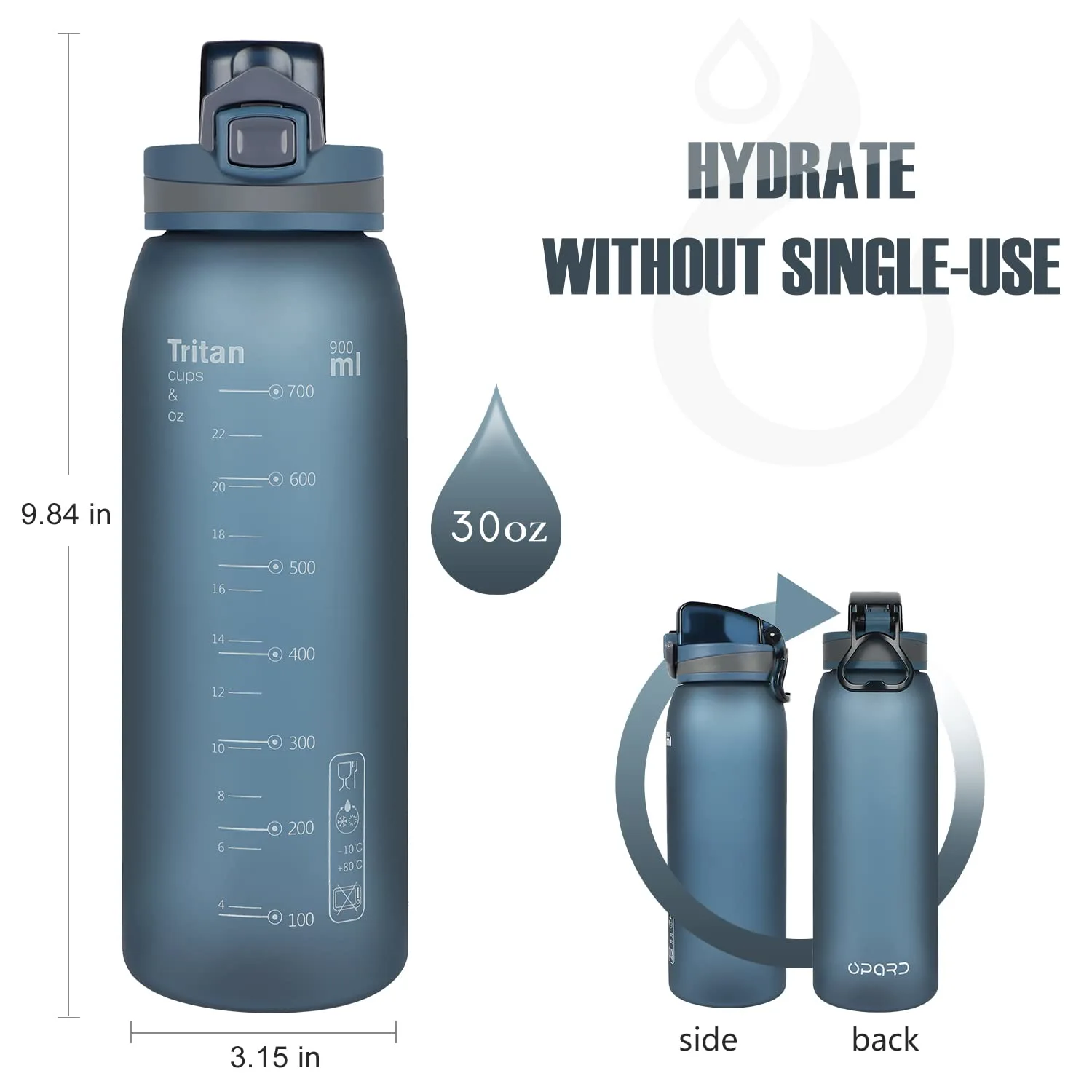 Opard 30oz/32oz Sports Water Bottle with Leak Proof Flip Top Lid BPA Free Tritan Reusable Plastic for Gym and Outdoor, Travel Water Bottle with Straw
