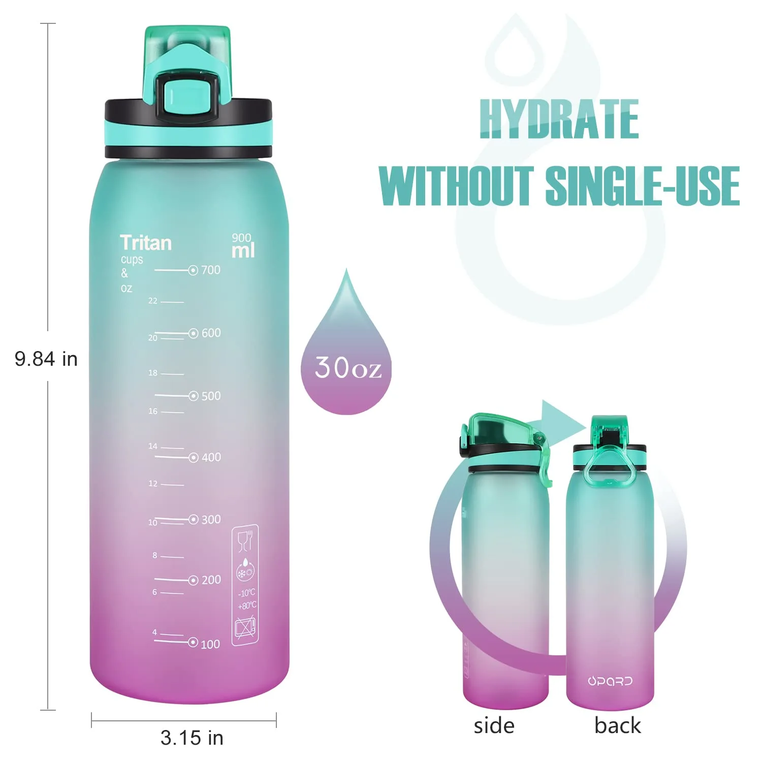 Opard 30oz/32oz Sports Water Bottle with Leak Proof Flip Top Lid BPA Free Tritan Reusable Plastic for Gym and Outdoor, Travel Water Bottle with Straw