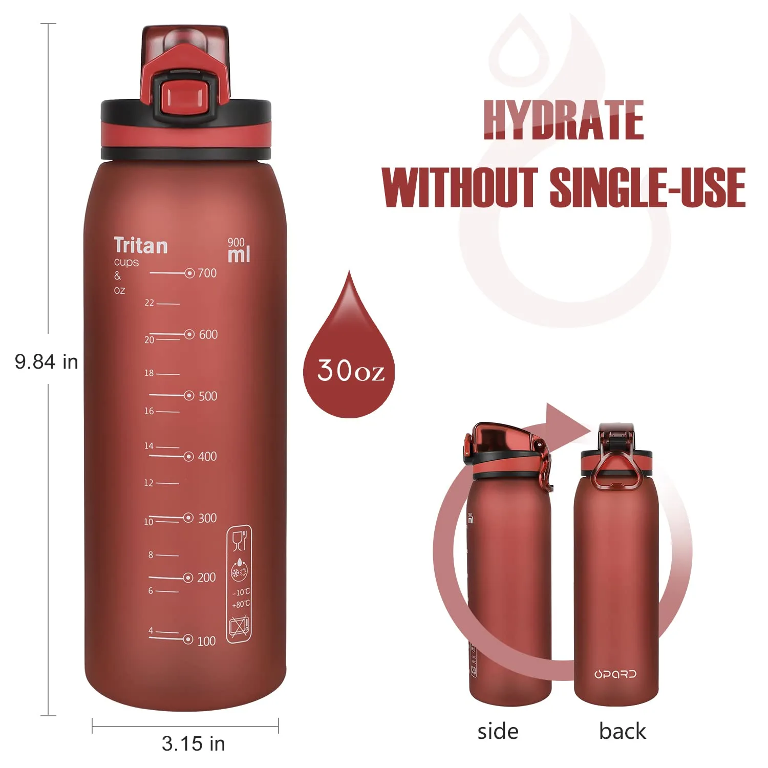 Opard 30oz/32oz Sports Water Bottle with Leak Proof Flip Top Lid BPA Free Tritan Reusable Plastic for Gym and Outdoor, Travel Water Bottle with Straw
