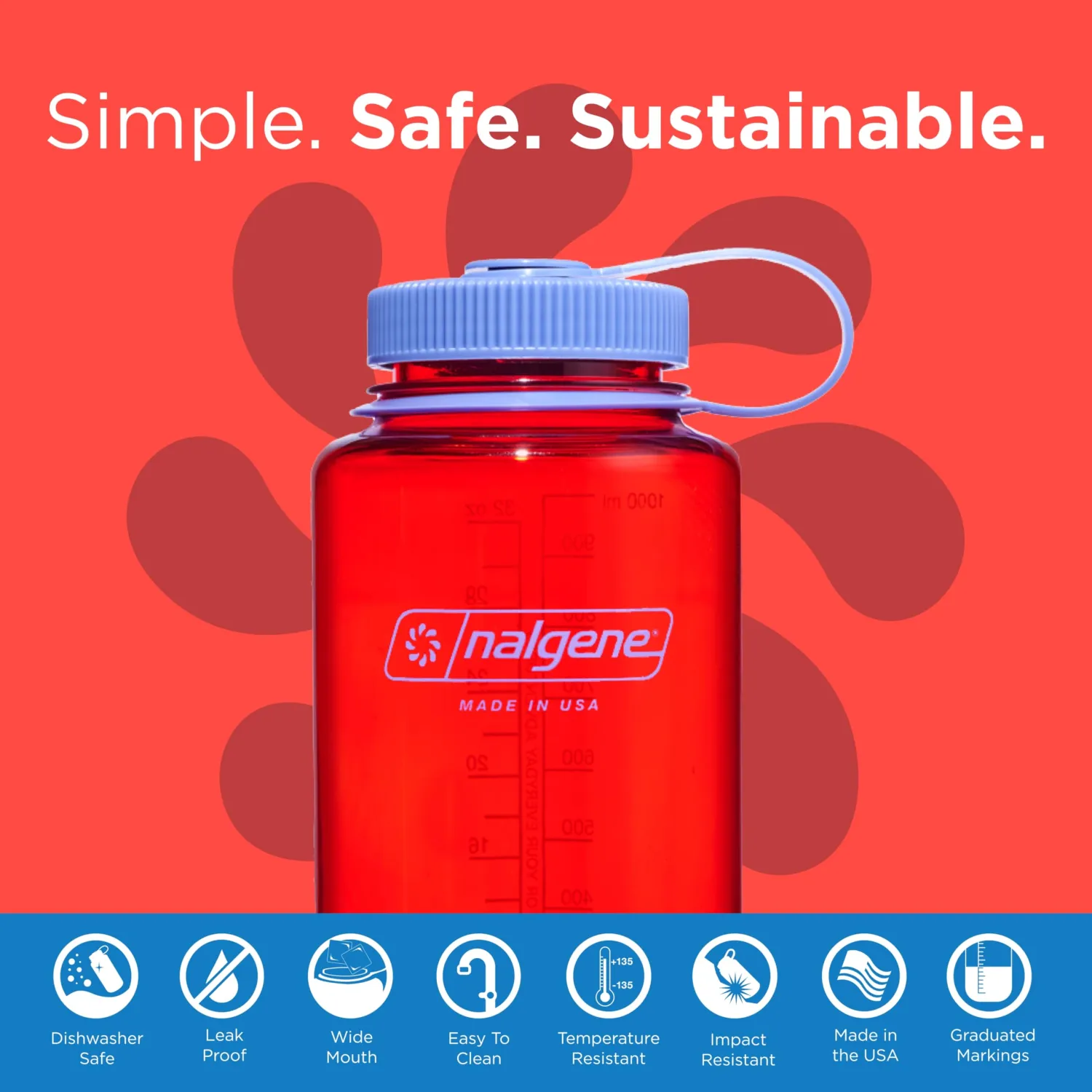 Nalgene Water Bottle - Lightweight Sustain Tritan BPA-Free Shatterproof Bottle for Backpacking, Hiking, Gym, 32 OZ, Wide Mouth, Marmalade Orange