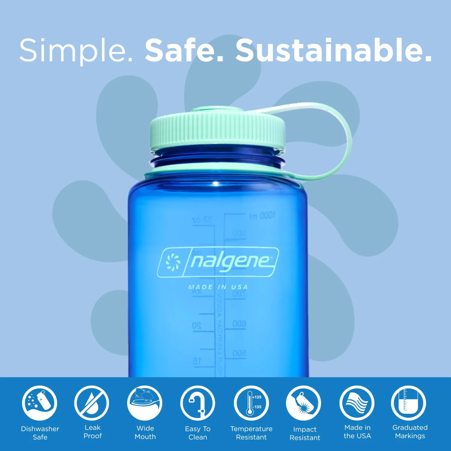 Nalgene Water Bottle - Lightweight Sustain Tritan BPA-Free Shatterproof Bottle for Backpacking, Hiking, Gym, 32 OZ, Wide Mouth, Cornflower Blue