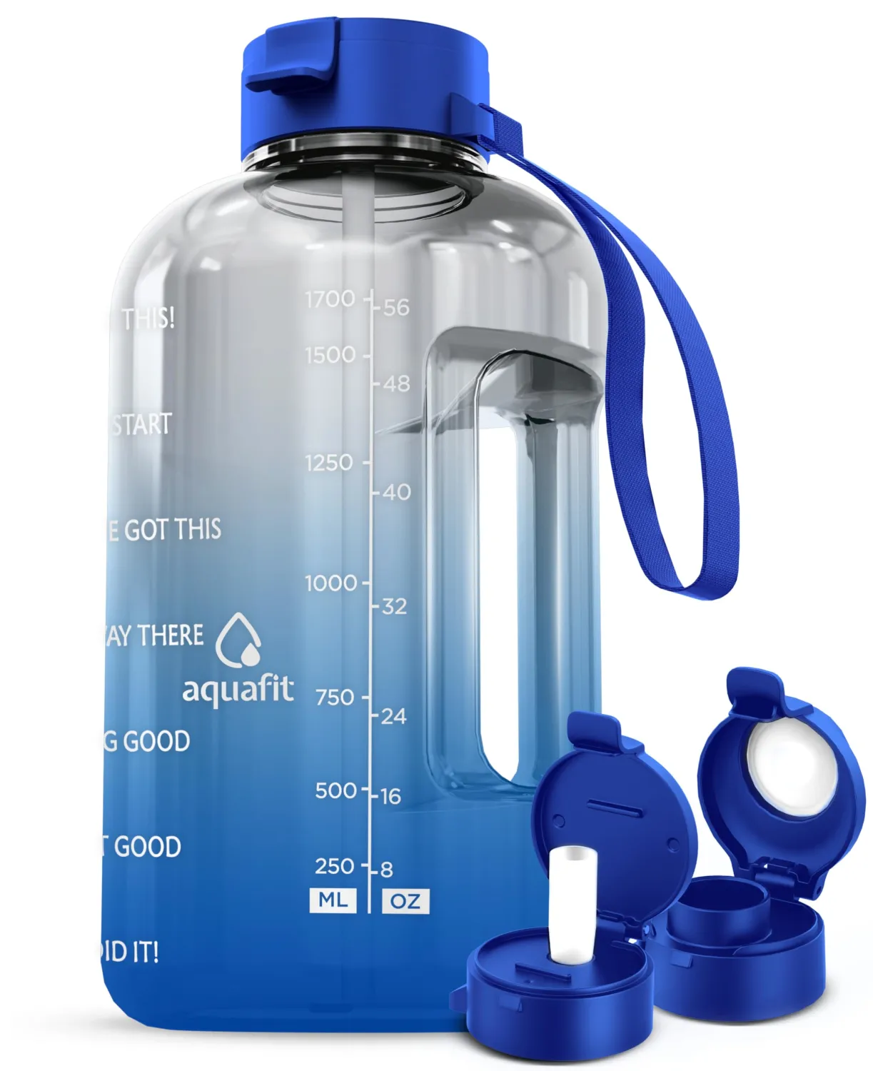 AQUAFIT Half Gallon Water Bottle with Time Marker - Straw & Chug Lid - BPA Free Gym Water Bottle with Straw - Big Gallon Jug (Blue Skies, 64 oz - 2 Lids)