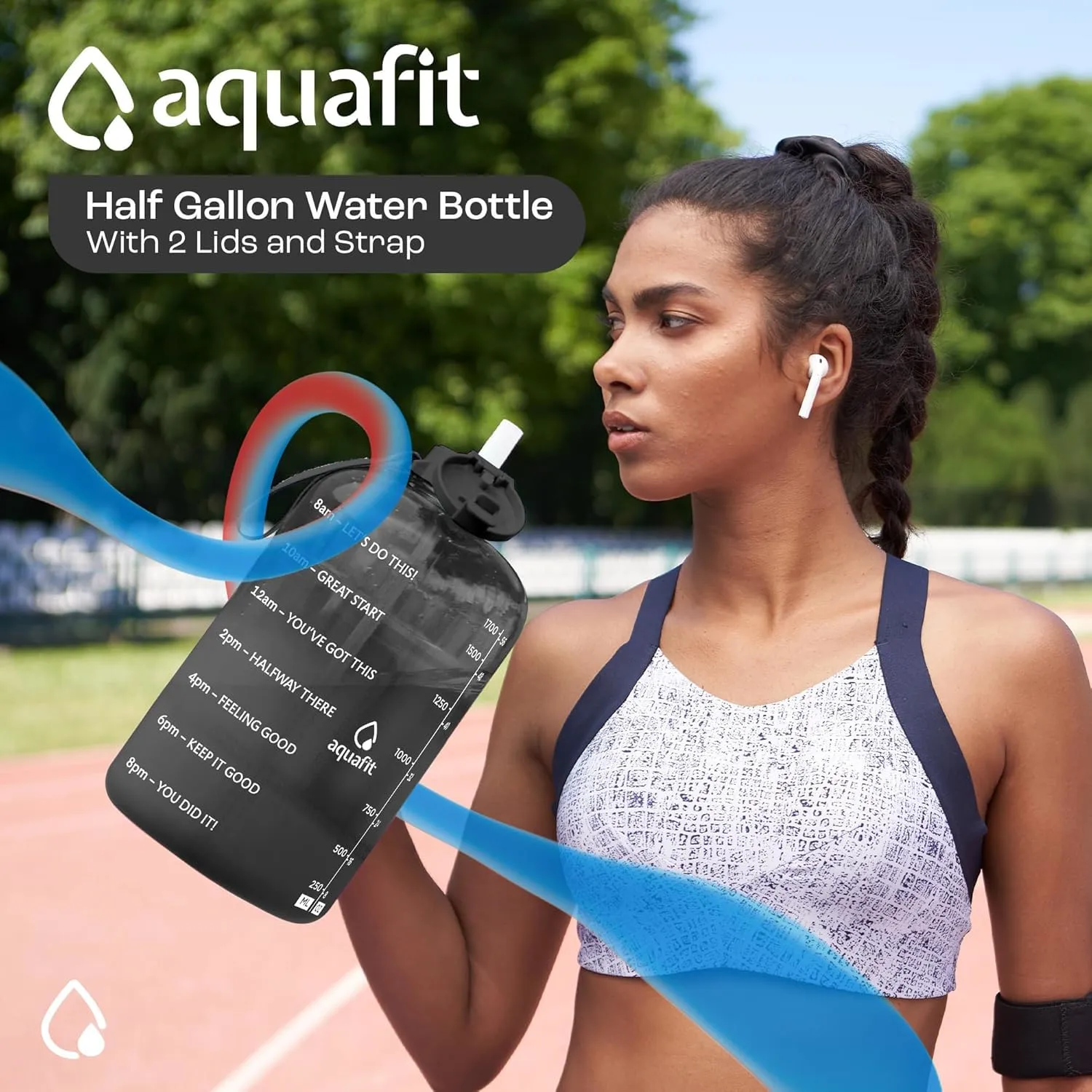 AQUAFIT Half Gallon Water Bottle with Time Marker - Straw & Chug Lid - BPA Free Gym Water Bottle with Straw - Big Gallon Jug (Gray, 64 oz - 2 Lids)