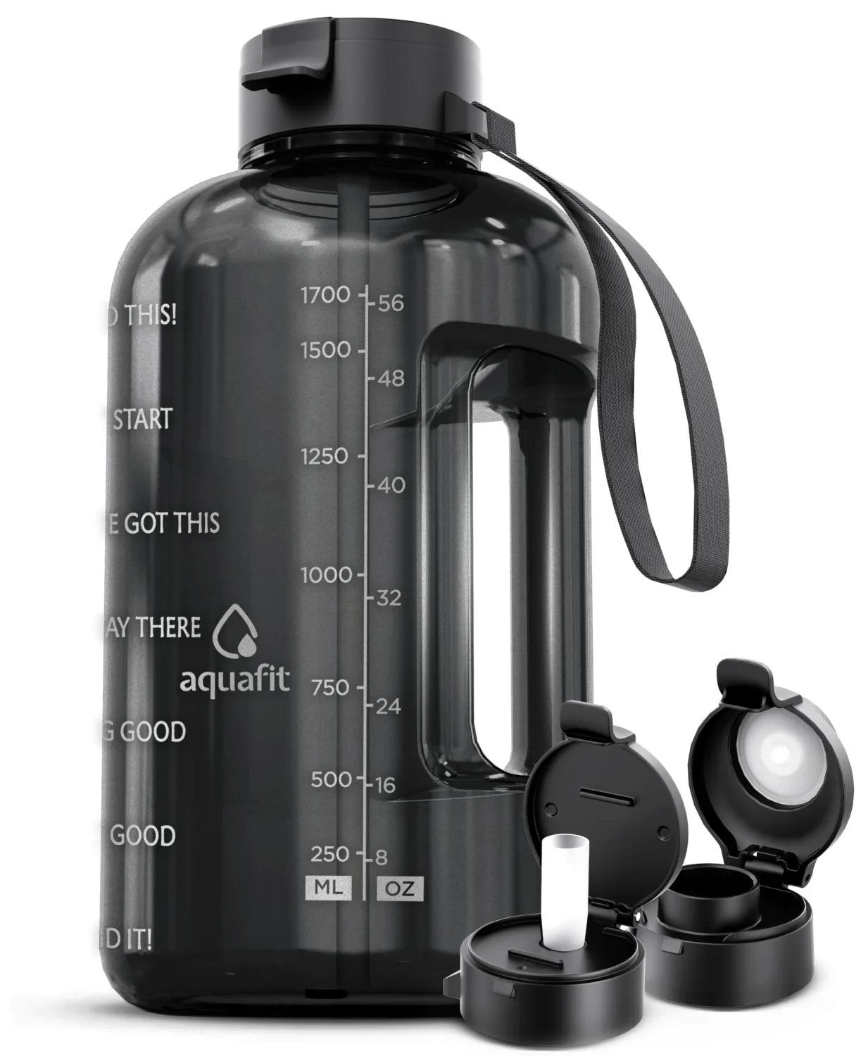 AQUAFIT Half Gallon Water Bottle with Time Marker - Straw & Chug Lid - BPA Free Gym Water Bottle with Straw - Big Gallon Jug (Gray, 64 oz - 2 Lids)