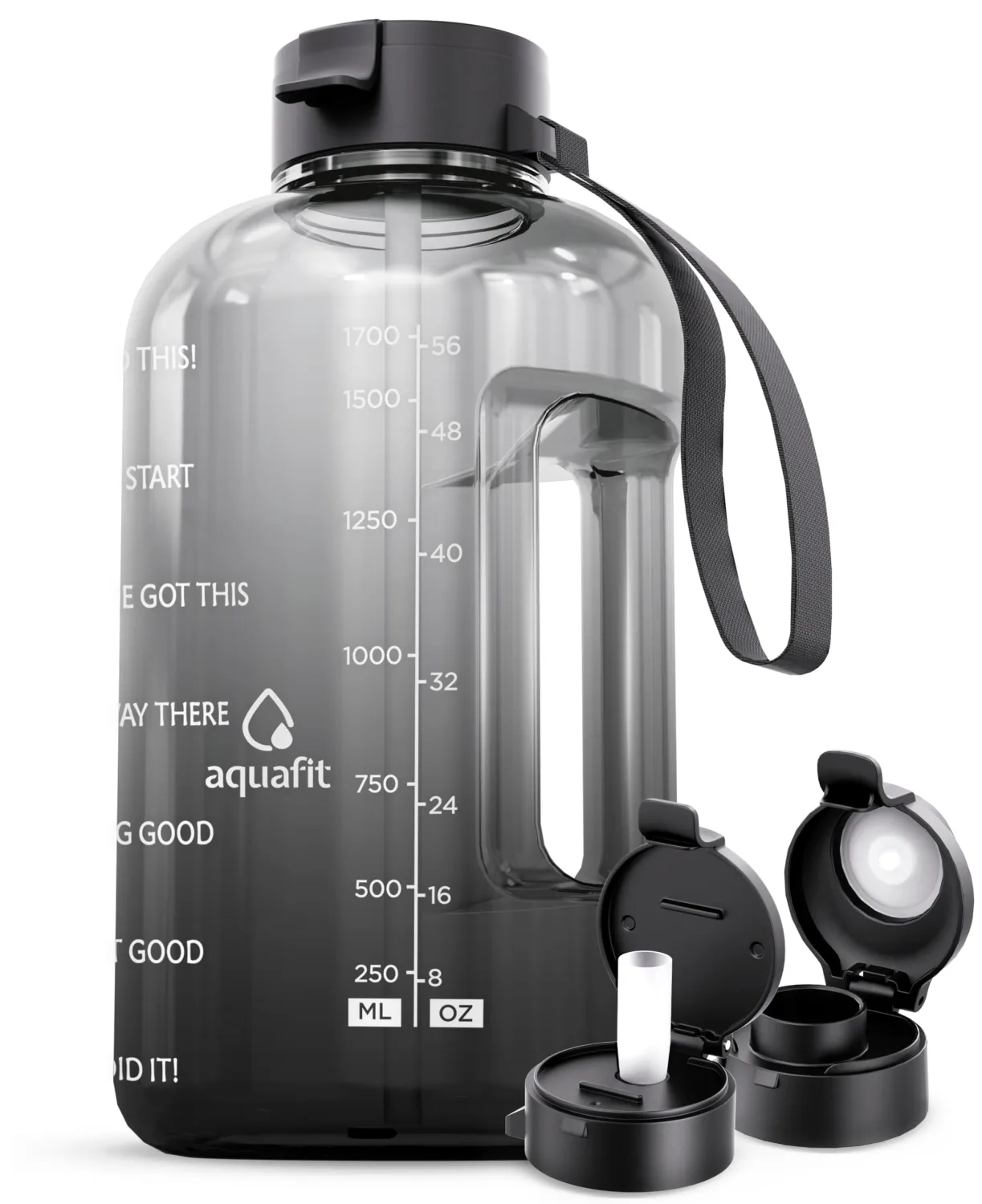 AQUAFIT Half Gallon Water Bottle with Time Marker - Straw & Chug Lid - BPA Free Gym Water Bottle with Straw - Big Gallon Jug (Midnight Gray, 64 oz - 2 Lids)
