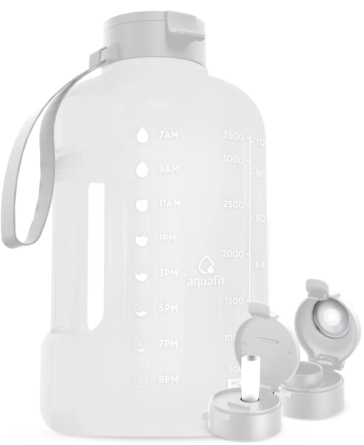 AQUAFIT 1 Gallon Water Bottle with Time Marker - Straw & Chug Lid - BPA Free Gym Water Bottle with Straw - Big Gallon Jug (Frosty, 128 oz - 2 Lids)