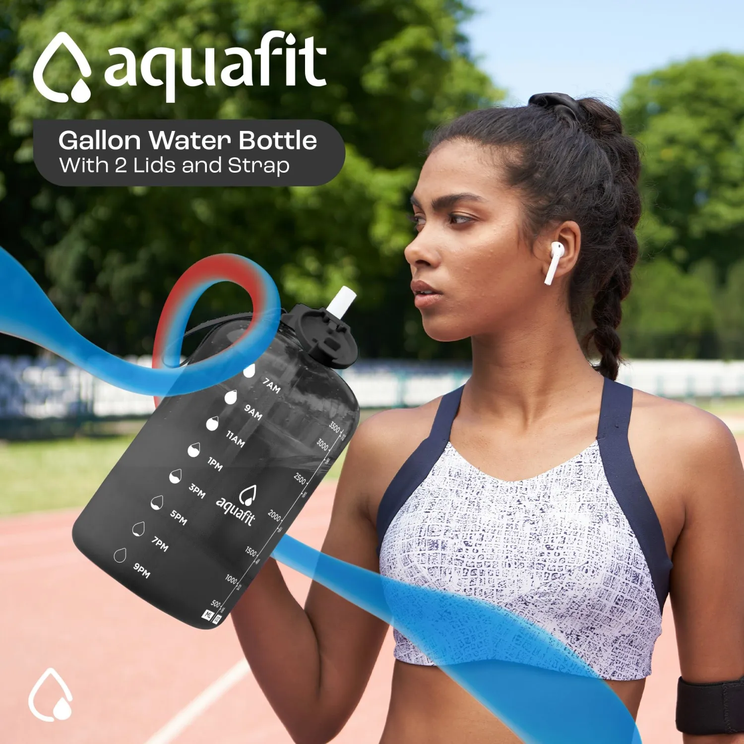 AQUAFIT 1 Gallon Water Bottle with Time Marker - Straw & Chug Lid - BPA Free Gym Water Bottle with Straw - Big Gallon Jug (Frosty, 128 oz - 2 Lids)