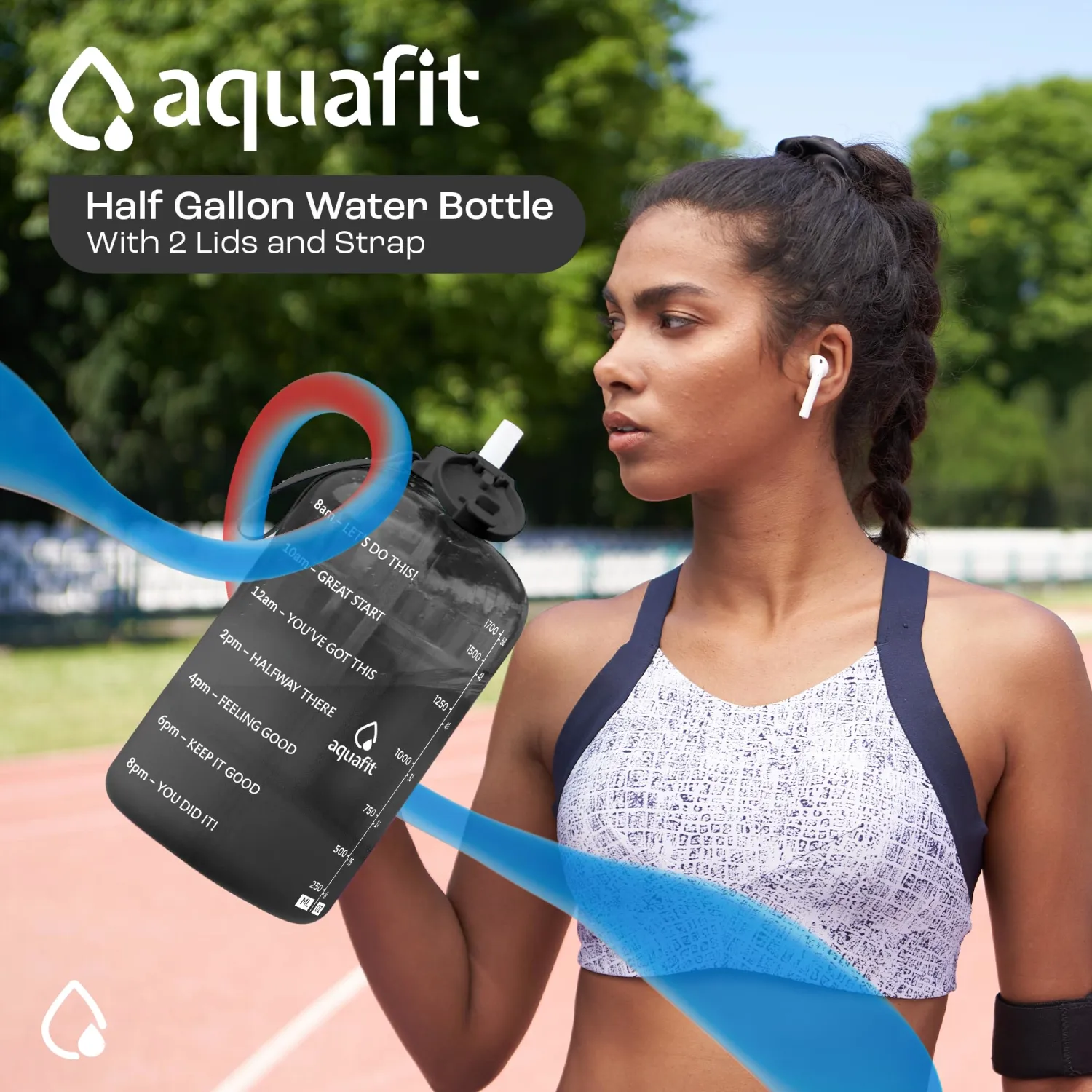 AQUAFIT Half Gallon Water Bottle with Time Marker - Straw & Chug Lid - BPA Free Gym Water Bottle with Straw - Big Gallon Jug (Nebula, 64 oz - 2 Lids)