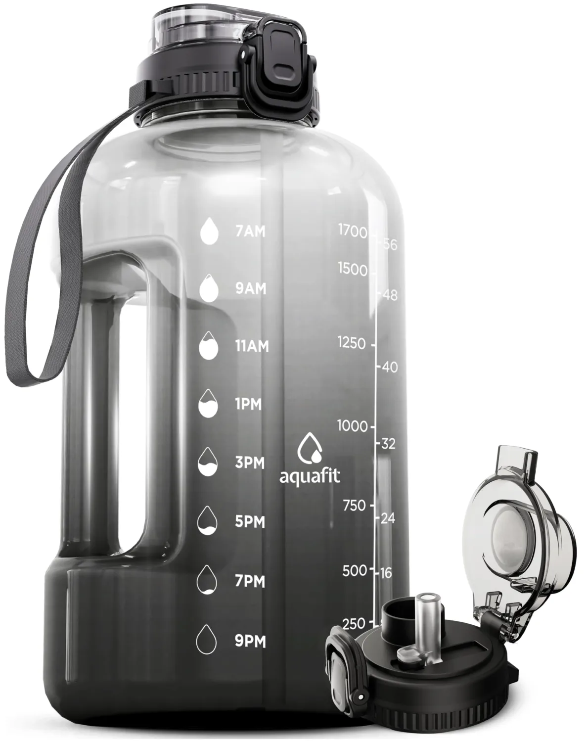 AQUAFIT Half Gallon Water Bottle with Time Marker - Straw & Chug Lid - BPA Free Gym Water Bottle with Straw - Big Gallon Jug (Midnight Gray, 64 oz - 2in1 Lid)