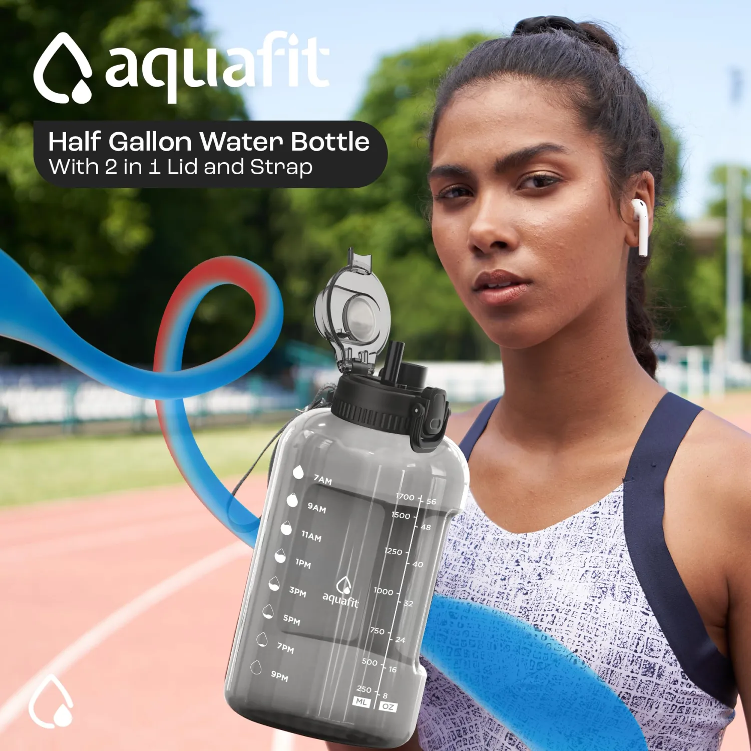 AQUAFIT Half Gallon Water Bottle with Time Marker - Straw & Chug Lid - BPA Free Gym Water Bottle with Straw - Big Gallon Jug (Midnight Gray, 64 oz - 2in1 Lid)