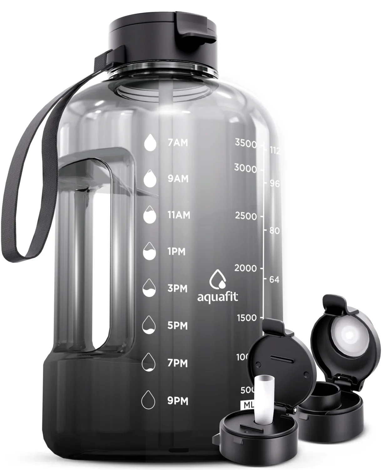 AQUAFIT 1 Gallon Water Bottle with Time Marker - Straw & Chug Lid - BPA Free Gym Water Bottle with Straw - Big Gallon Jug (Midnight Gray, 128 oz - 2 Lids)