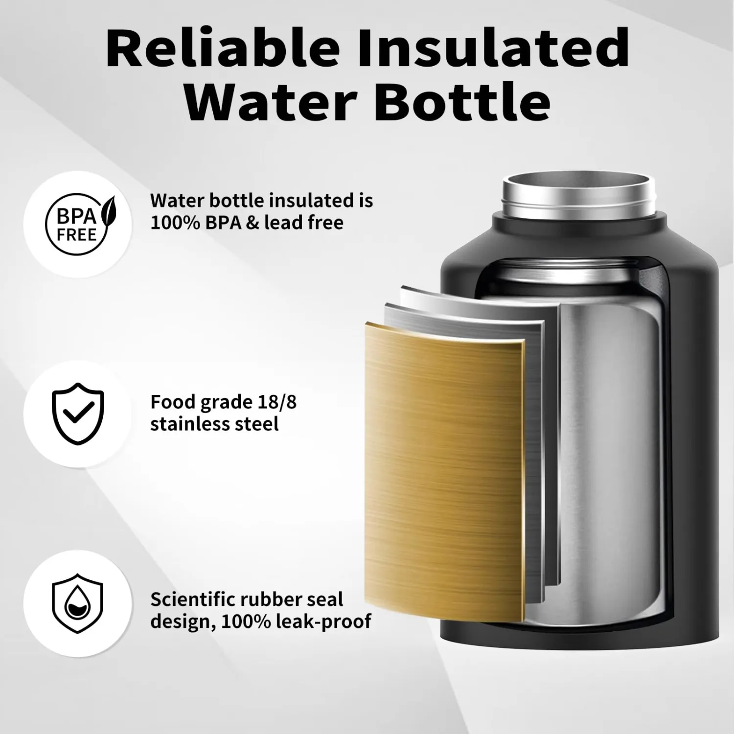 Half Gallon Water Bottle Insulated(Cold for 48 Hrs),BPA Free&Leak Proof,64oz Stainless Steel Water Jug/Flask,Big thermo,Large Water Bottle with Handle for Gym,Hiking,Camping,Black