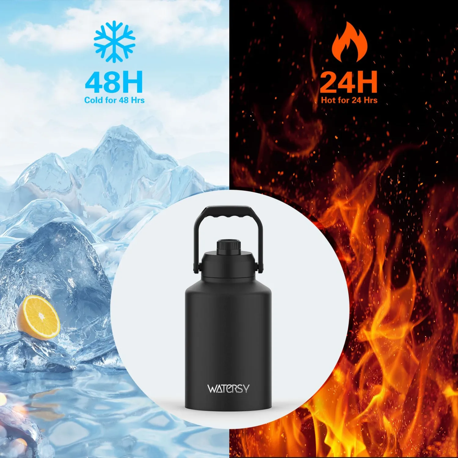 Half Gallon Water Bottle Insulated(Cold for 48 Hrs),BPA Free&Leak Proof,64oz Stainless Steel Water Jug/Flask,Big thermo,Large Water Bottle with Handle for Gym,Hiking,Camping,Black