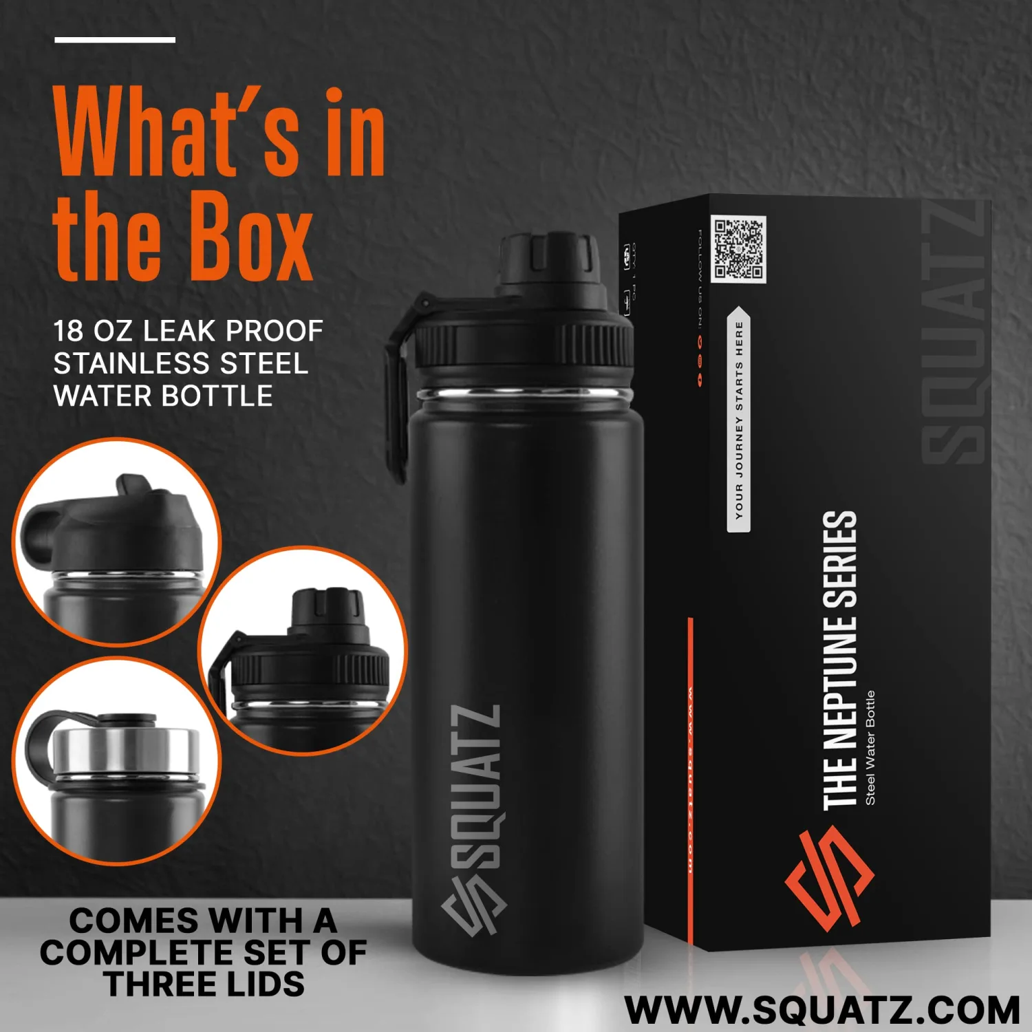 SQUATZ 18 Oz Neptune Series Steel Water Bottle, Stainless Double Wall Vacuum Insulated Flask with Handle Strap, Durable and Elegant Leak Proof Wide Mouth Thermos for Gym, Travel, Hiking, and Camping