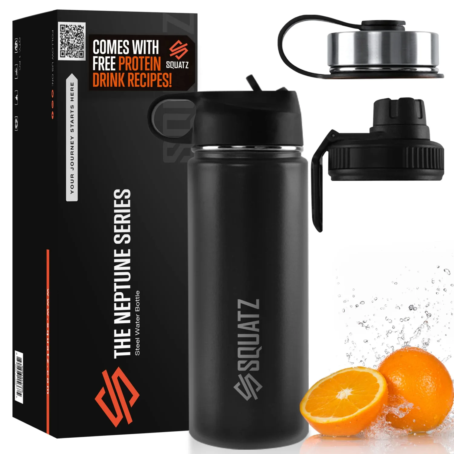 SQUATZ 18 Oz Neptune Series Steel Water Bottle, Stainless Double Wall Vacuum Insulated Flask with Handle Strap, Durable and Elegant Leak Proof Wide Mouth Thermos for Gym, Travel, Hiking, and Camping
