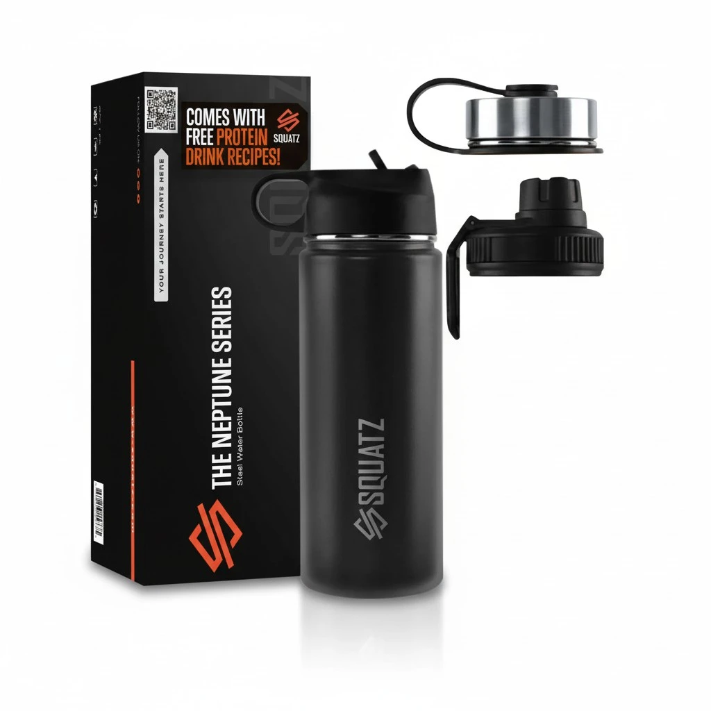 SQUATZ 18 Oz Neptune Series Steel Water Bottle, Stainless Double Wall Vacuum Insulated Flask with Handle Strap, Durable and Elegant Leak Proof Wide Mouth Thermos for Gym, Travel, Hiking, and Camping