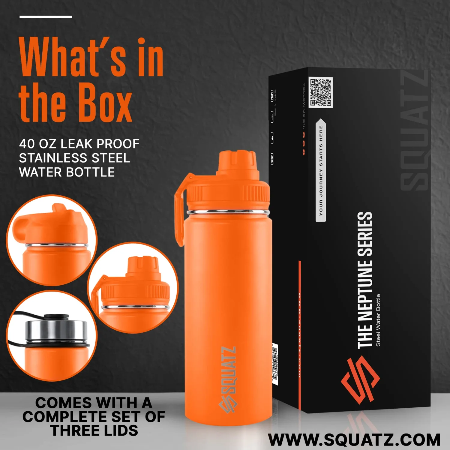 SQUATZ 40 Oz Neptune Series Steel Water Bottle, Stainless Double Wall Vacuum Insulated Flask with Handle Strap, Durable and Elegant Leak Proof Wide Mouth Thermos for Gym, Travel, Hiking, and Camping
