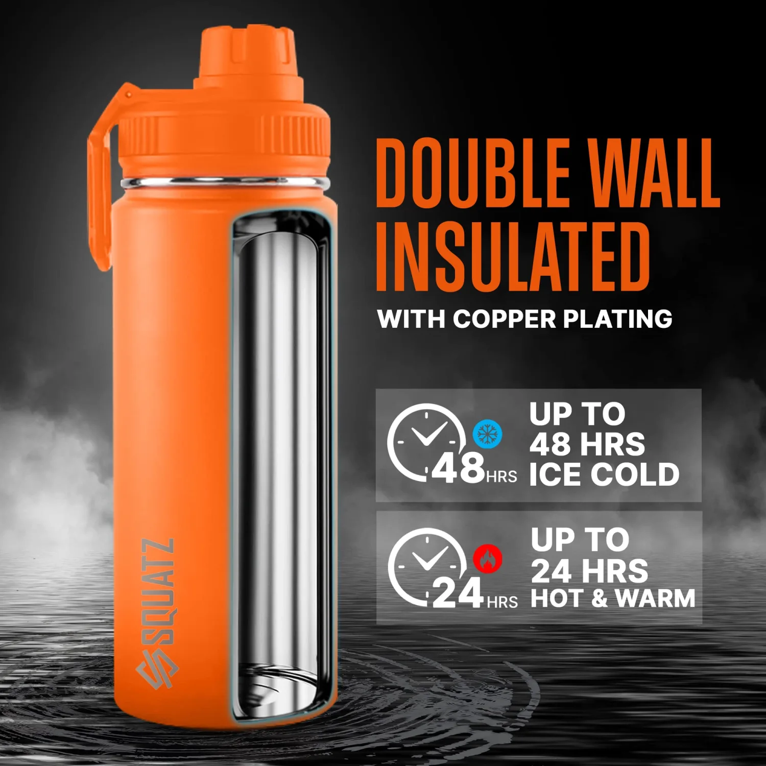 SQUATZ 40 Oz Neptune Series Steel Water Bottle, Stainless Double Wall Vacuum Insulated Flask with Handle Strap, Durable and Elegant Leak Proof Wide Mouth Thermos for Gym, Travel, Hiking, and Camping
