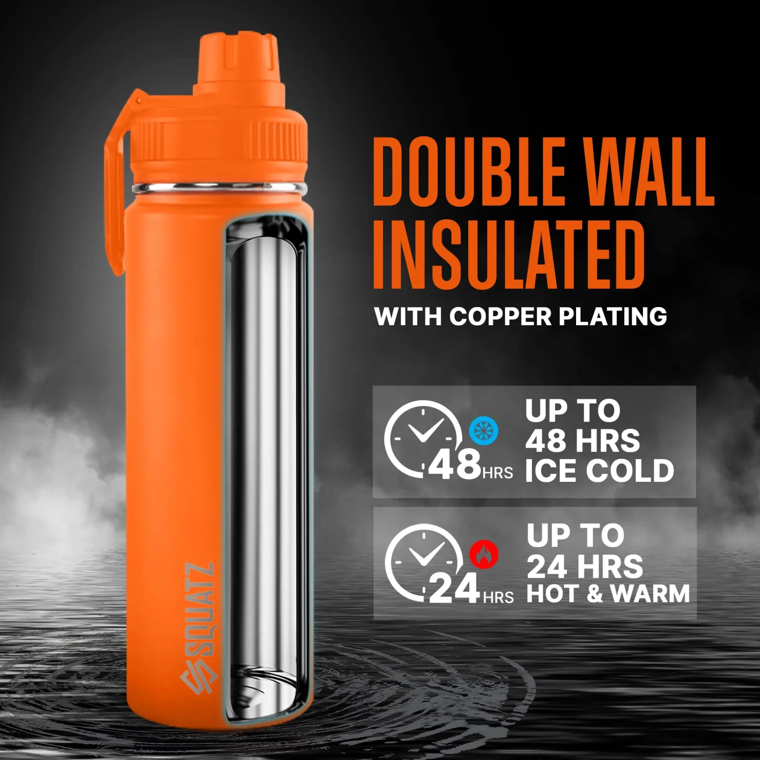 SQUATZ 24 Oz Neptune Series Steel Water Bottle, Stainless Double Wall Vacuum Insulated Flask with Handle Strap, Durable and Elegant Leak Proof Wide Mouth Thermos for Gym, Travel, Hiking, and Camping