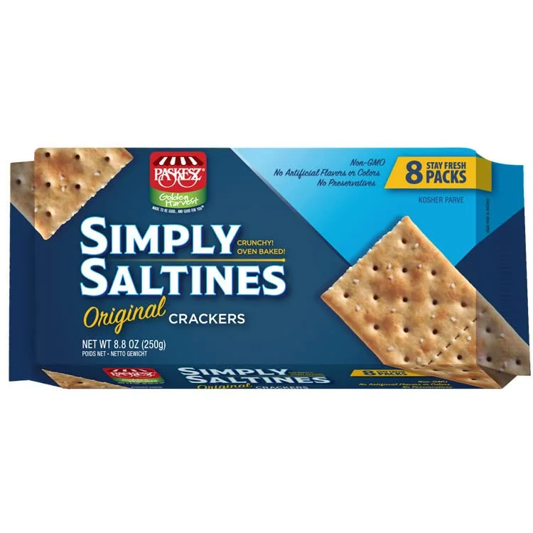 Only Kosher Candy Simply Saltines Original Crackers, Crunchy Oven Baked Kosher Parve Non-GMO, No Artificial Flavor and Color Contain 8 Stay Fresh Packs, Pack of 3