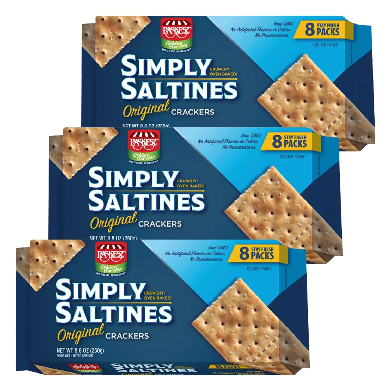Only Kosher Candy Simply Saltines Original Crackers, Crunchy Oven Baked Kosher Parve Non-GMO, No Artificial Flavor and Color Contain 8 Stay Fresh Packs, Pack of 3