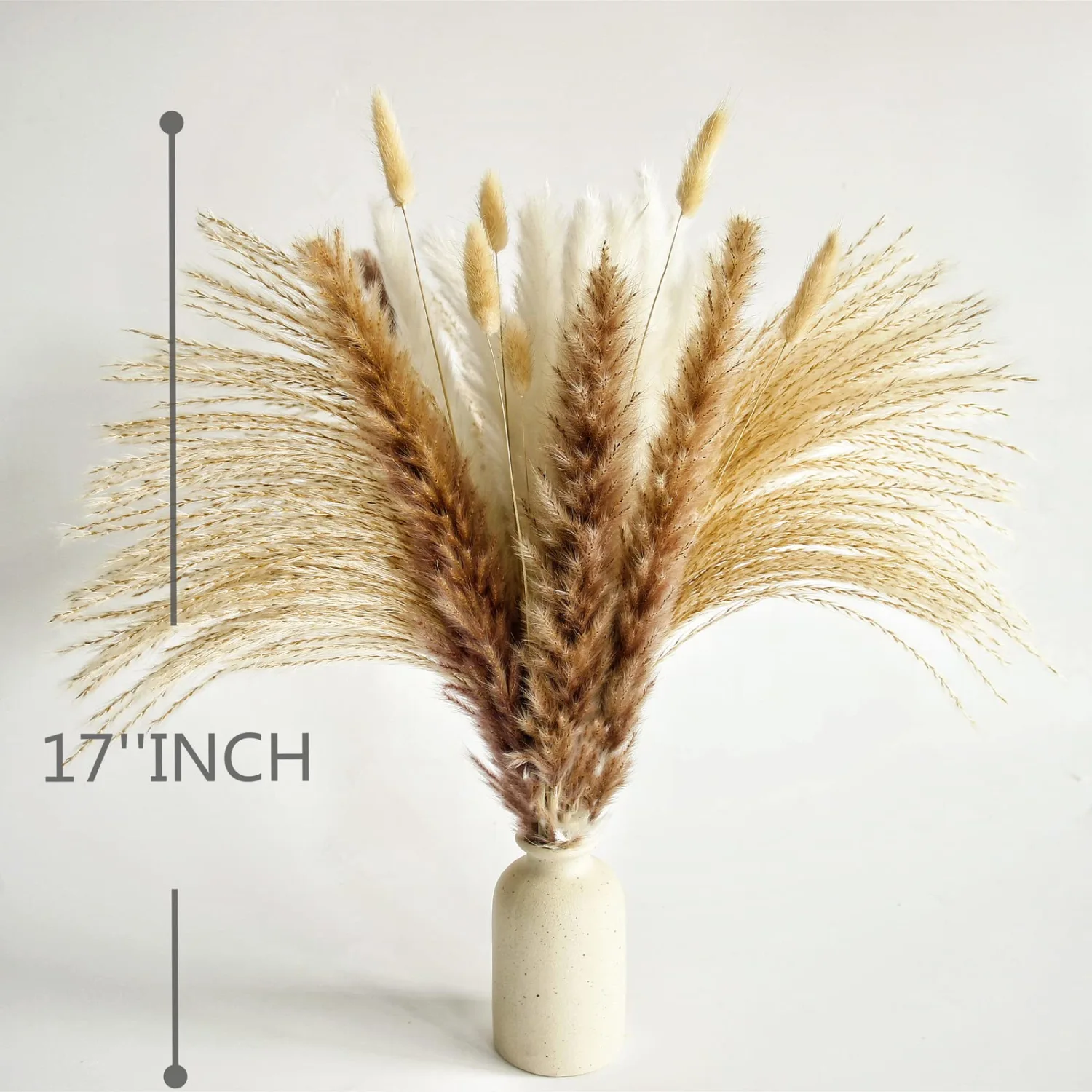 200 PCS Small Boho Pampas Grass, 17" Naturally Dried Pompas, Pampas Grass Decor for Wedding , Boho Party Decorations, Table Decor（Brown and White）