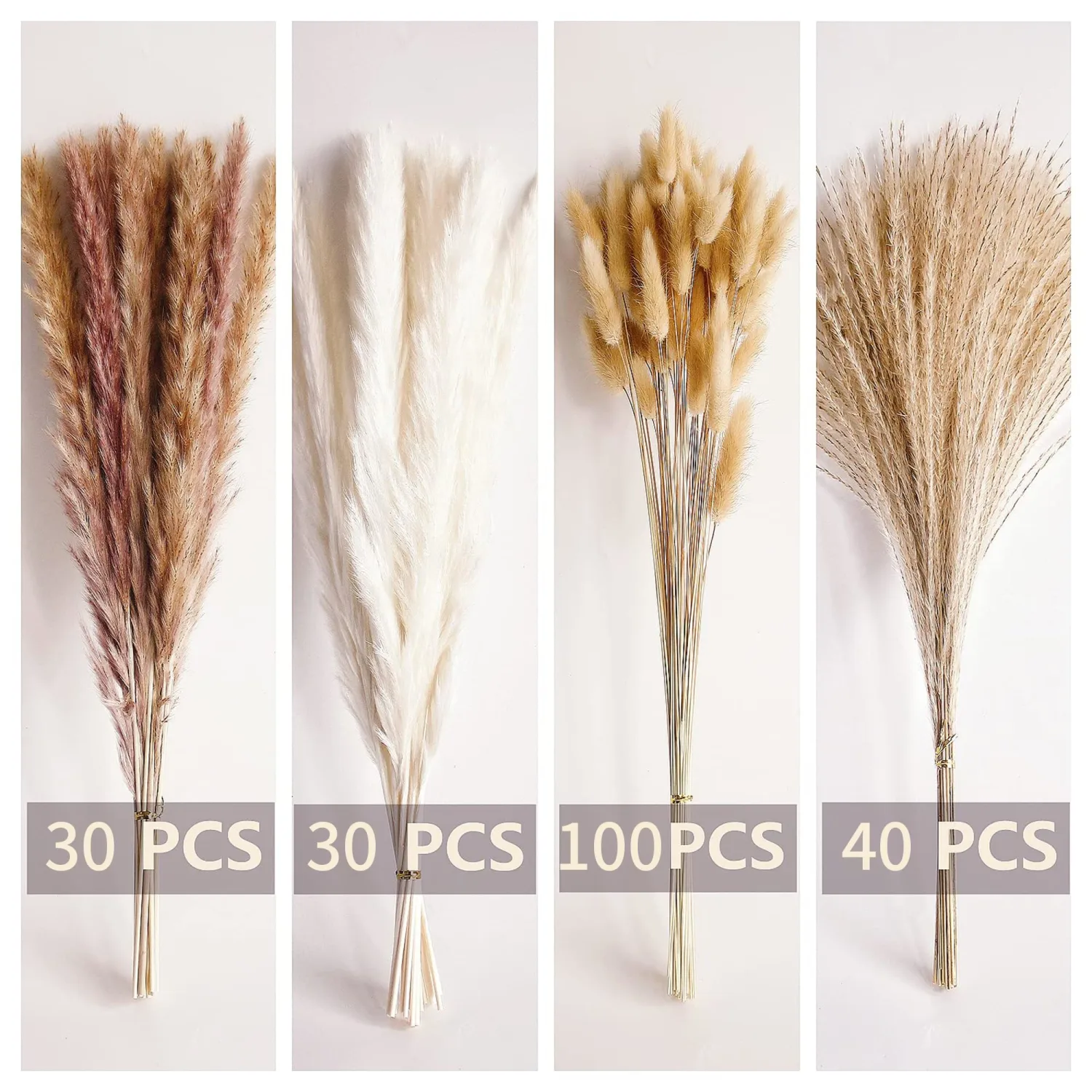 200 PCS Small Boho Pampas Grass, 17" Naturally Dried Pompas, Pampas Grass Decor for Wedding , Boho Party Decorations, Table Decor（Brown and White）