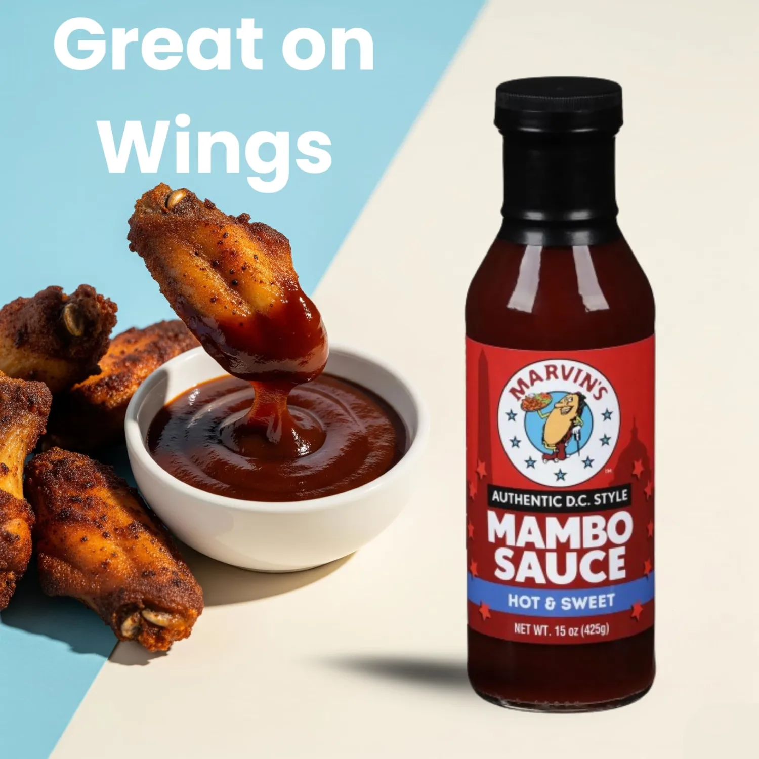 Marvin's Mambo Sauce - Hot & Sweet (15 oz) | Authentic D.C. Style | Great on Wings, Fries, Ribs, Burgers | Dipping, Grilling, Marinating |