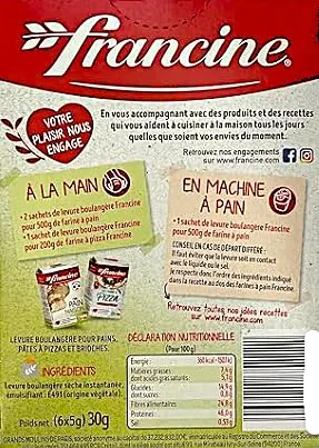 Francine - yeast for baking bread - (6x5g sachets) 30g - bread machine yeast - levadura para hacer pan - Instant dry yeast. Plant-based. French Imported.