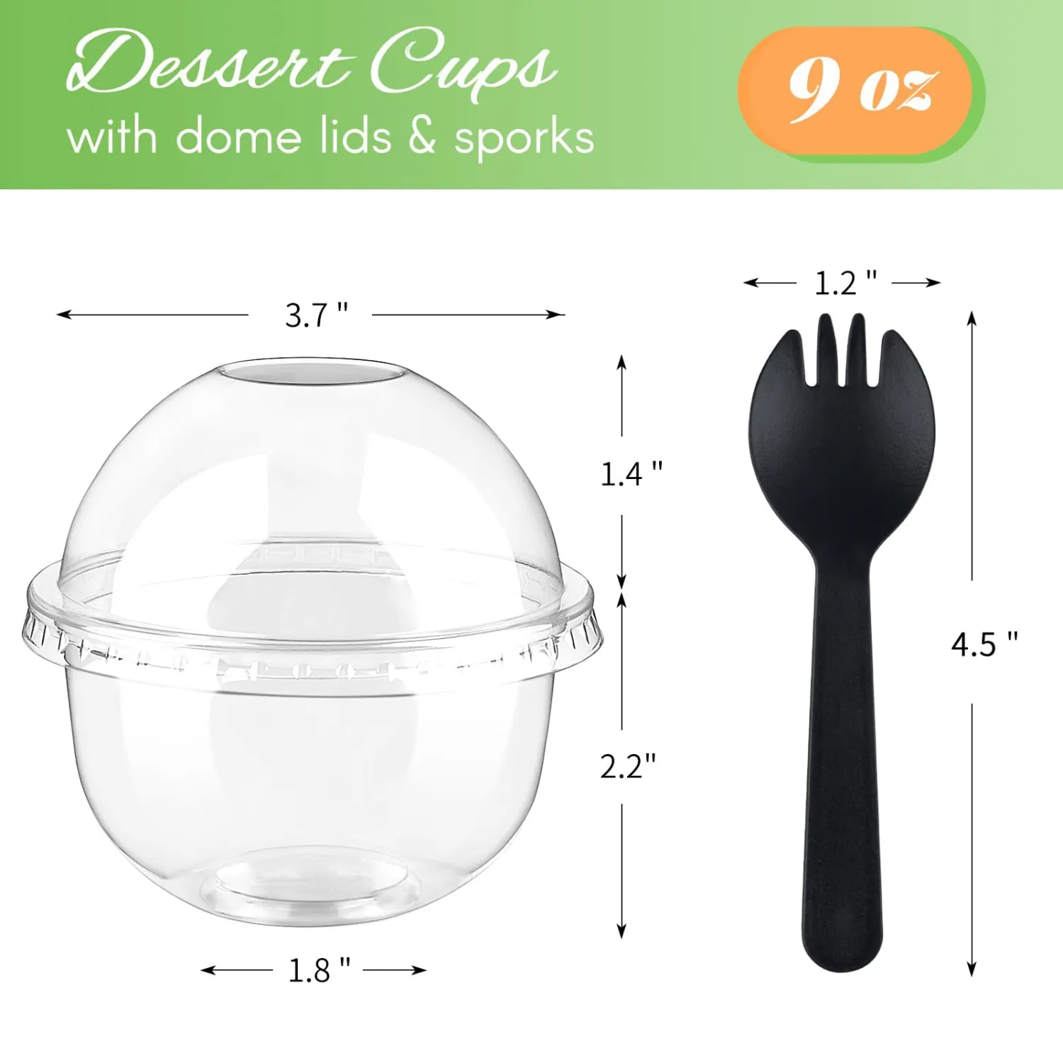 Zezzxu 50 Pack 9 oz Plastic Dessert Cups with Dome Lids (No Hole) and Sporks, Clear Disposable Fruit Cups with Lids for Yogurt Parfait Ice Creams Pudding Cakes
