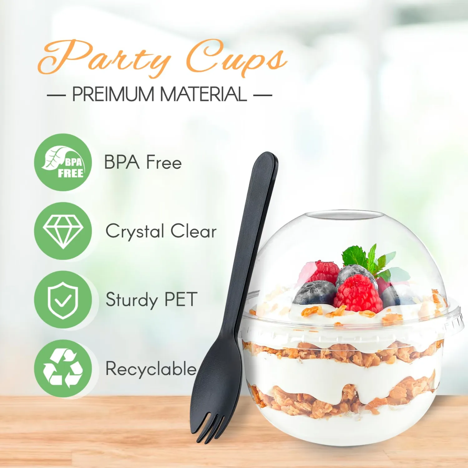 Zezzxu 50 Pack 9 oz Plastic Dessert Cups with Dome Lids (No Hole) and Sporks, Clear Disposable Fruit Cups with Lids for Yogurt Parfait Ice Creams Pudding Cakes