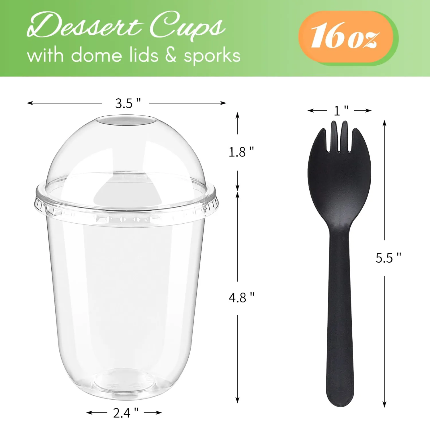 Zezzxu 50 Pack 16 oz Plastic Dessert Cups with Dome Lids (No Hole) and Sporks, Clear Disposable Fruit Cups with Lids for Yogurt Parfait Ice Creams Pudding Cakes